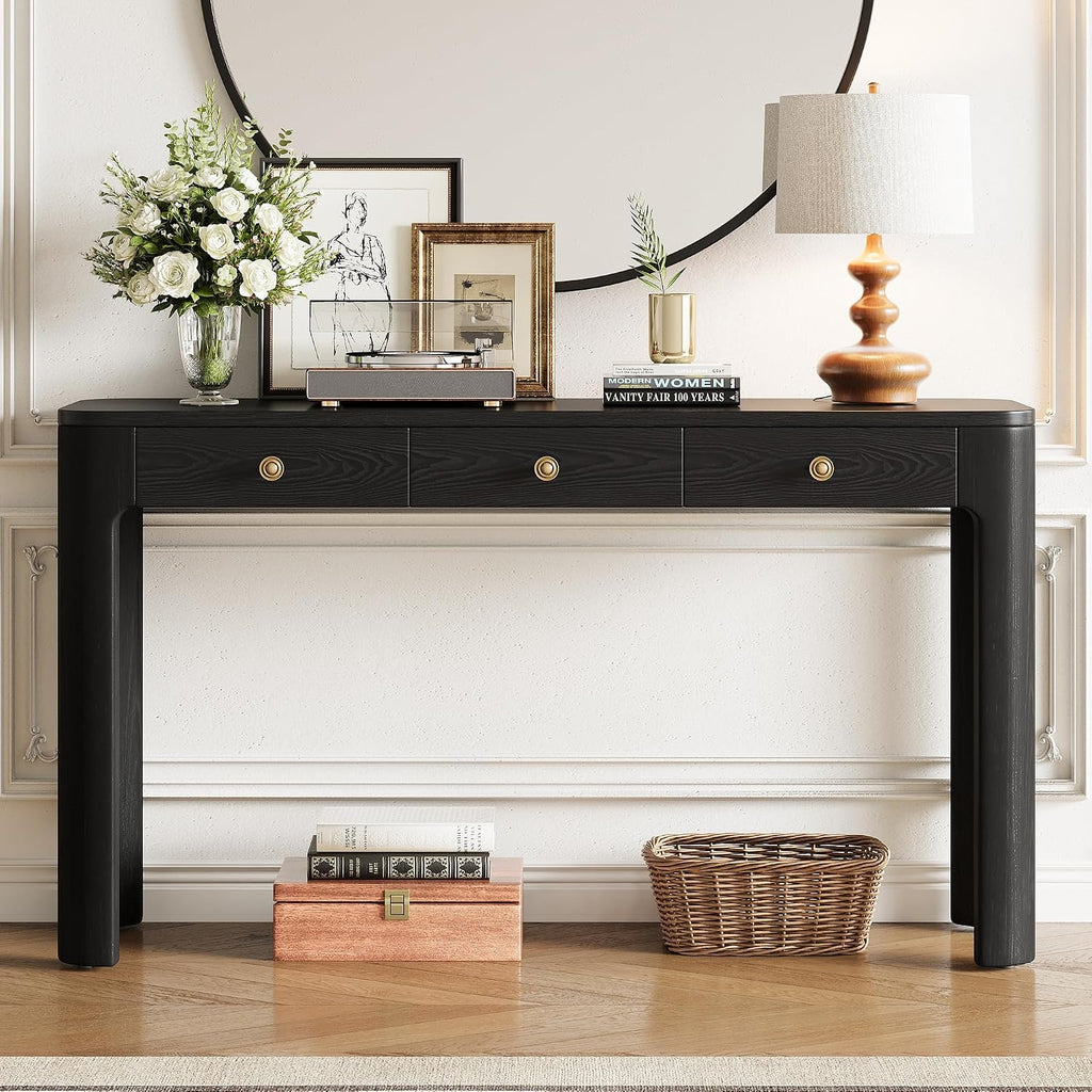 LKTART Solid Wood Entryway Table with 3 Drawers,Farmhouse Console Table Sofa Table with Curved Corners for Hallway,Foyer,Living Room (52' Black)
