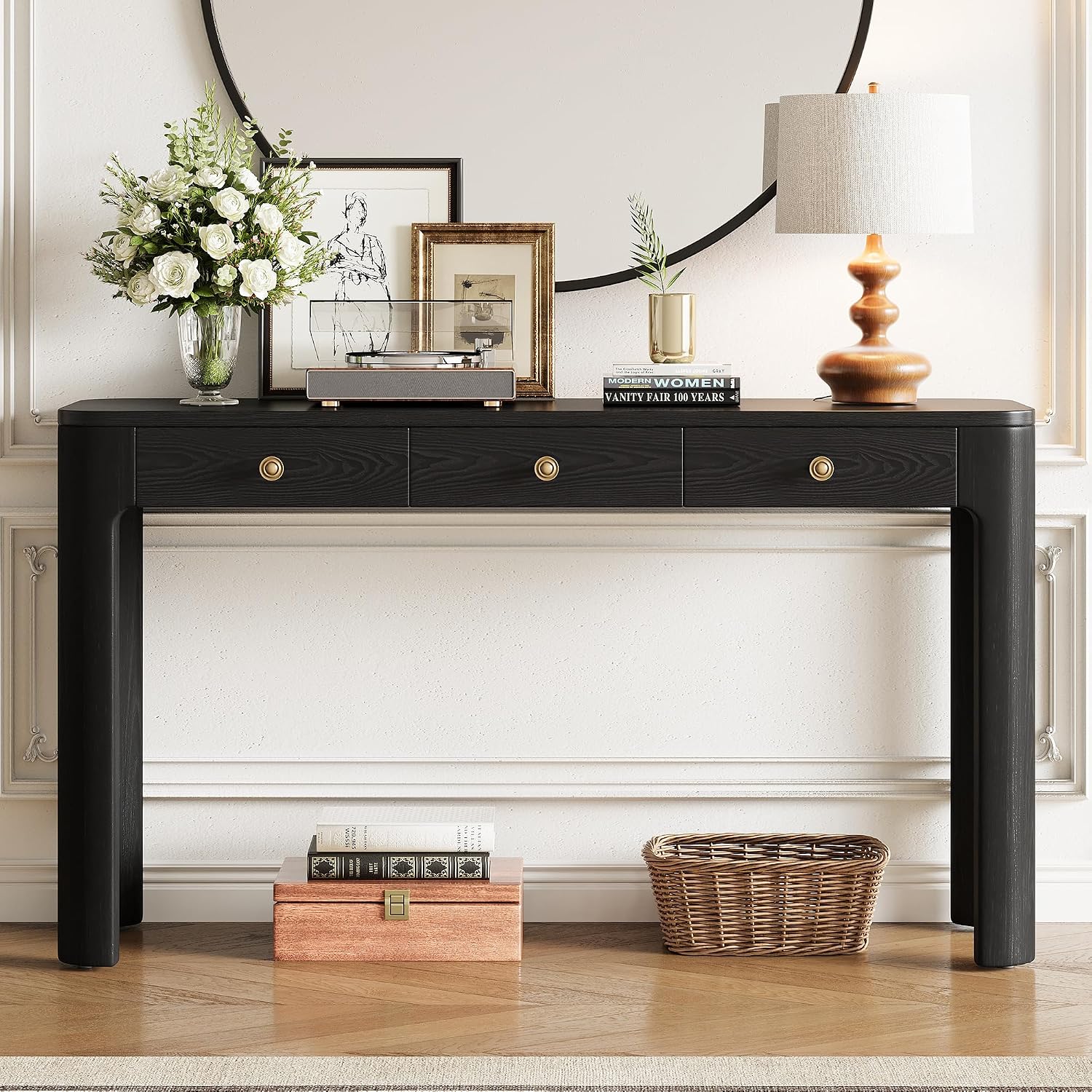 LKTART Solid Wood Entryway Table with 3 Drawers,Farmhouse Console Table Sofa Table with Curved Corners for Hallway,Foyer,Living Room (52' Black)