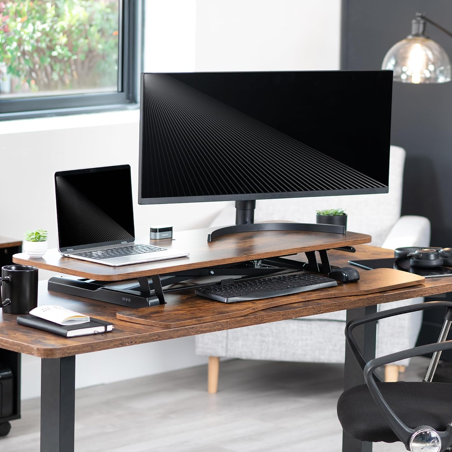 VIVO 42 inch Desk Converter, K Series, Height Adjustable Sit to Stand Riser, Dual Monitor and Laptop Workstation with Wide Keyboard Tray, Rustic Vintage Brown Top, Black Frame, DESK-V042KN