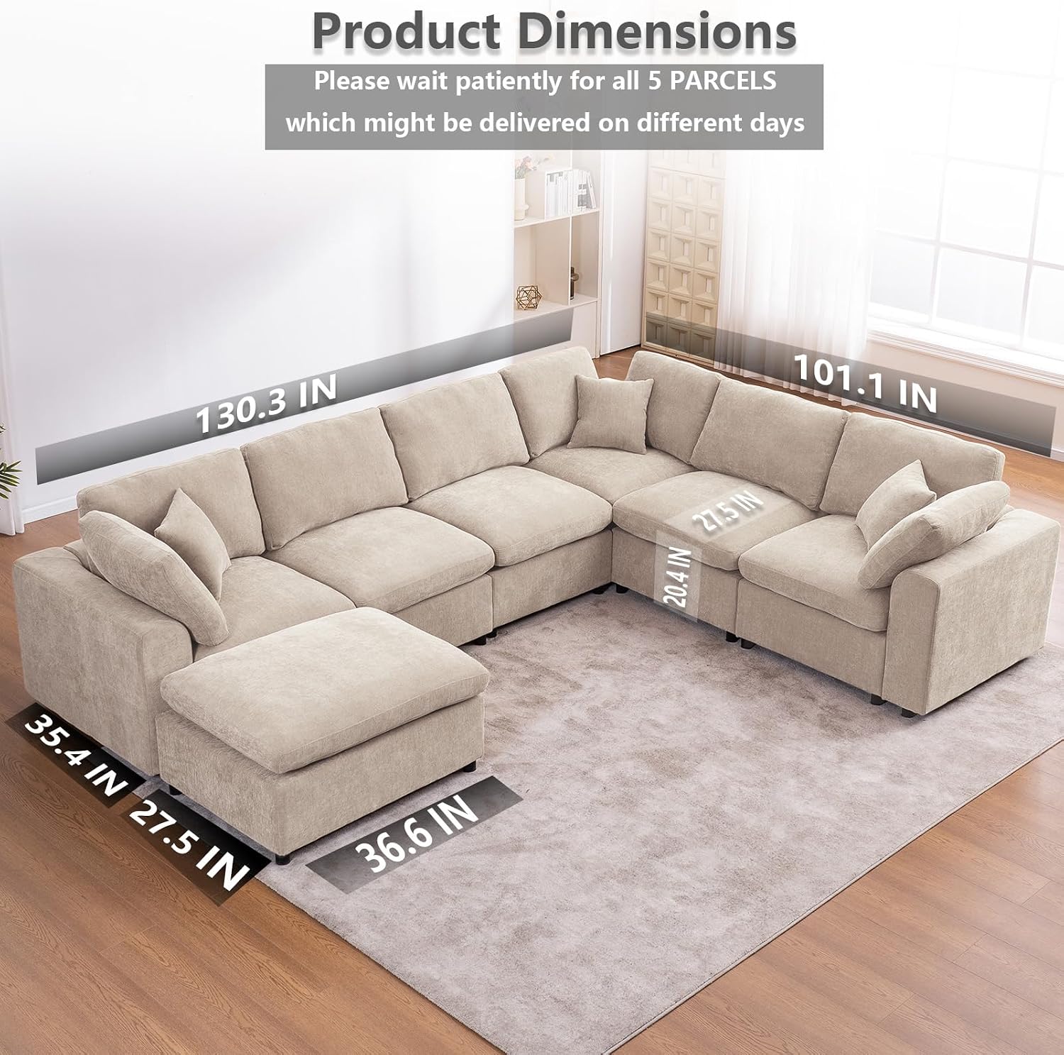 Oversized Modular Sectional Sofa Couch, Large 7 Seater Corner Sofa Modern U Shaped Sectional Couch with Ottoman Cloud Couches for Living Room, Office, Spacious Space