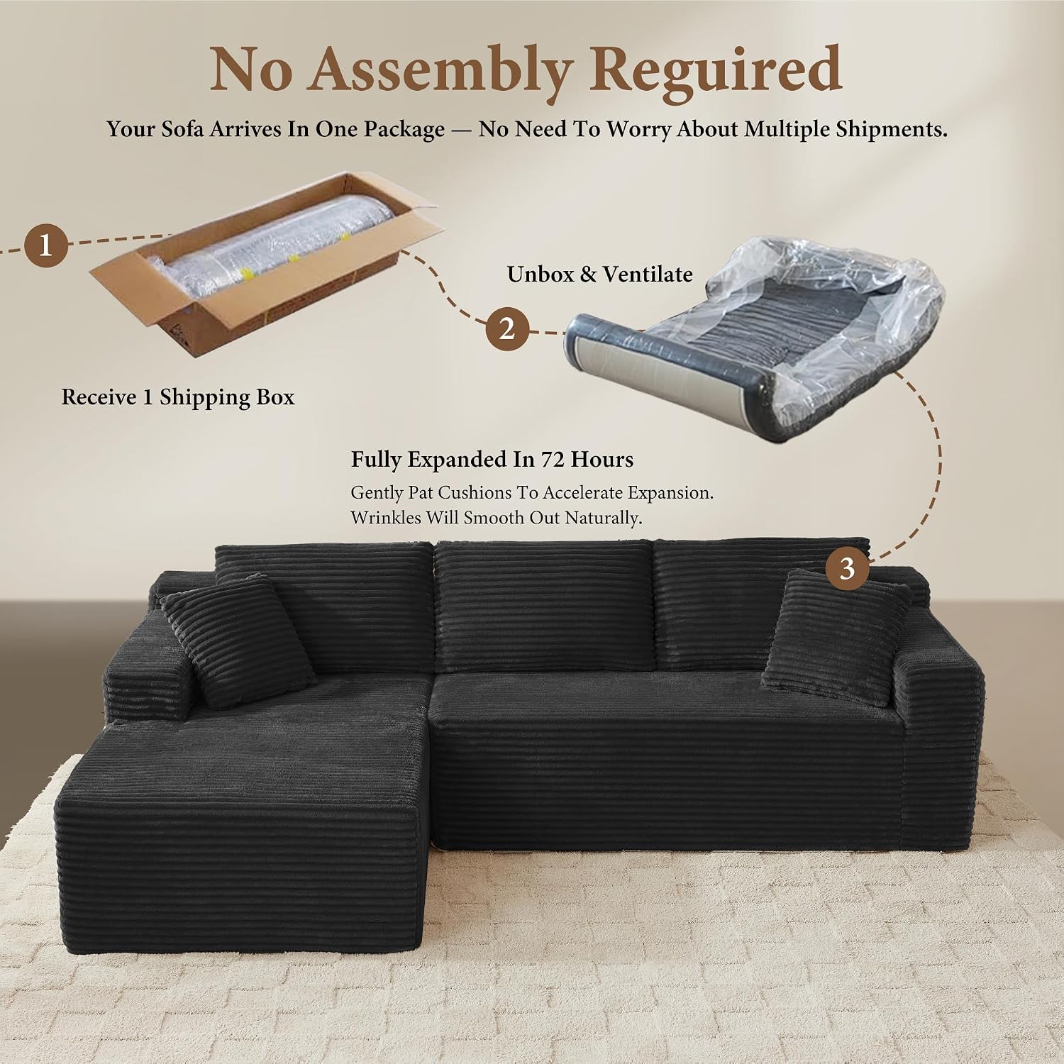 96' Sectional Couches for Living Room Cloud Couch Sofa with L-Shape Upholstered Boneless Couchs Modern Modular Sectional Couch with Chaise (Black, 95' W+Left Facing Chaise+2Seaters)