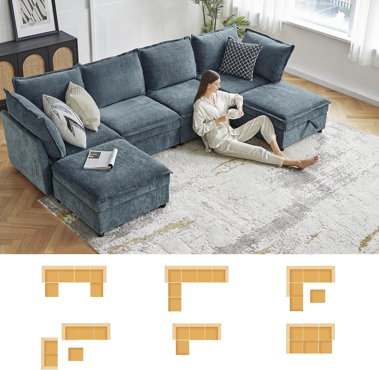 HULALA HOME Modern Middle Module for Sectional Sofa Couch, Armless Loveseat Sofa, 2 Seat Included, Blue