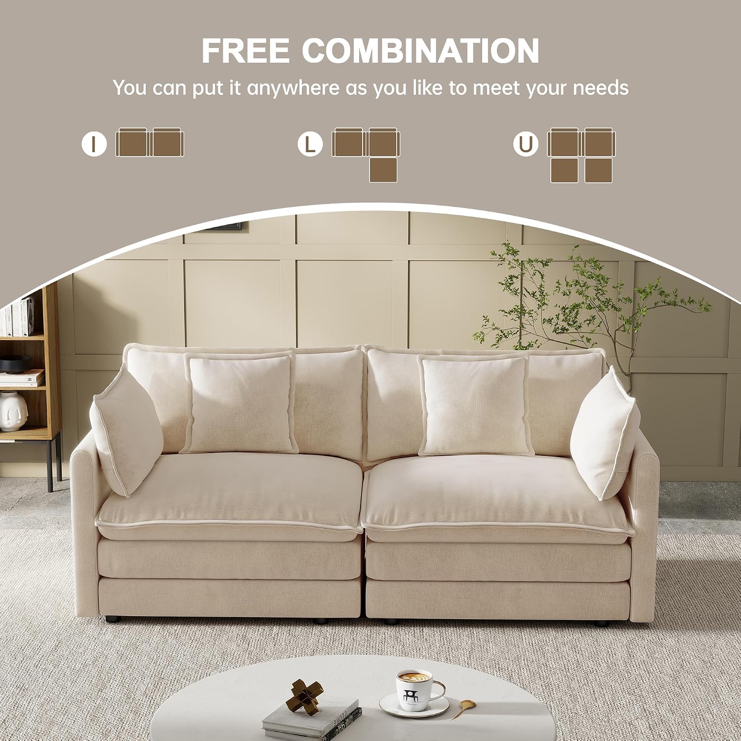 Modular Sectional Sofa, 76.7 Inch I-Shaped Cloud Sofa with Deep Seat Comfortable Chenille Sofa with Cushion Double Sectional Sofa for Living Room Apartment,Light Coffee