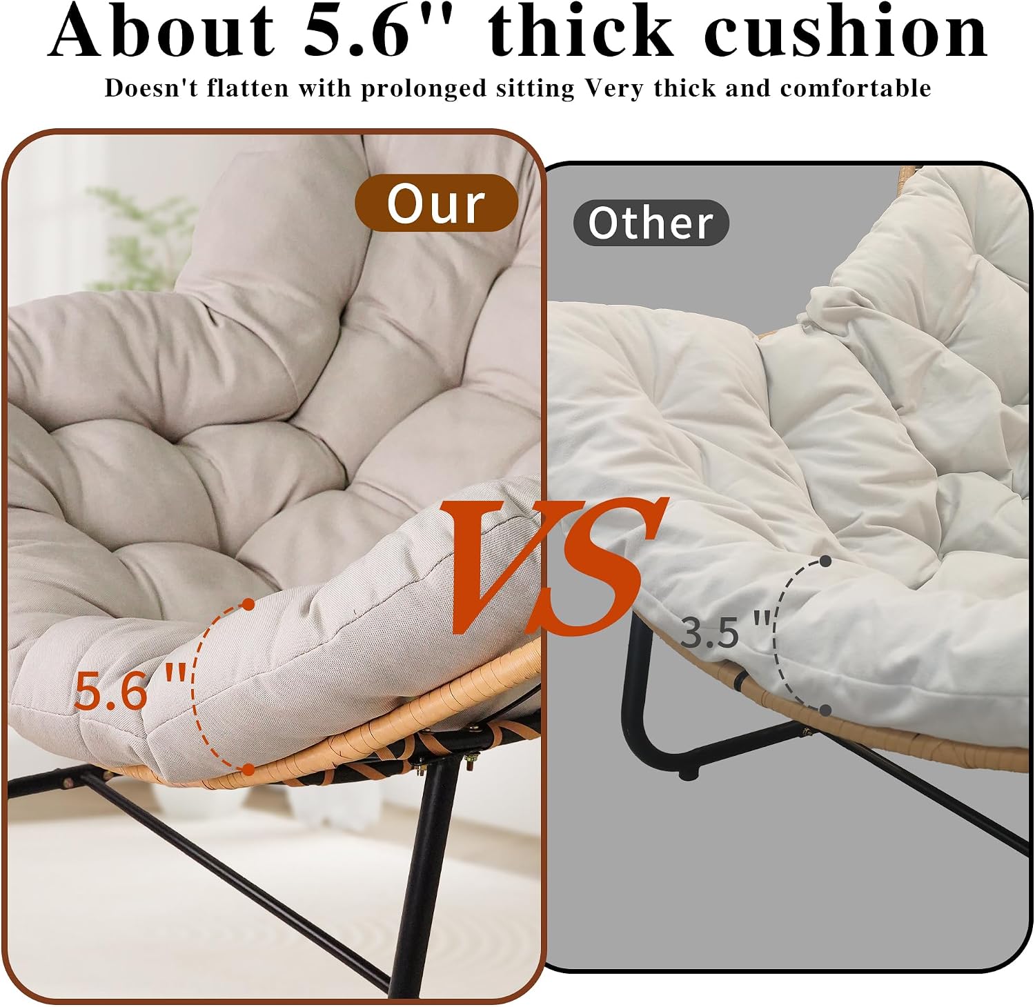Outdoor Rocking Chair, Patio Egg Rocking Chair, Indoor Papasan Chair, Rattan Wicker Lounge Chair, Modern Royal Chair for Bedroom, Living Room, Porch, Garden,Lawn (41.3' Beige)