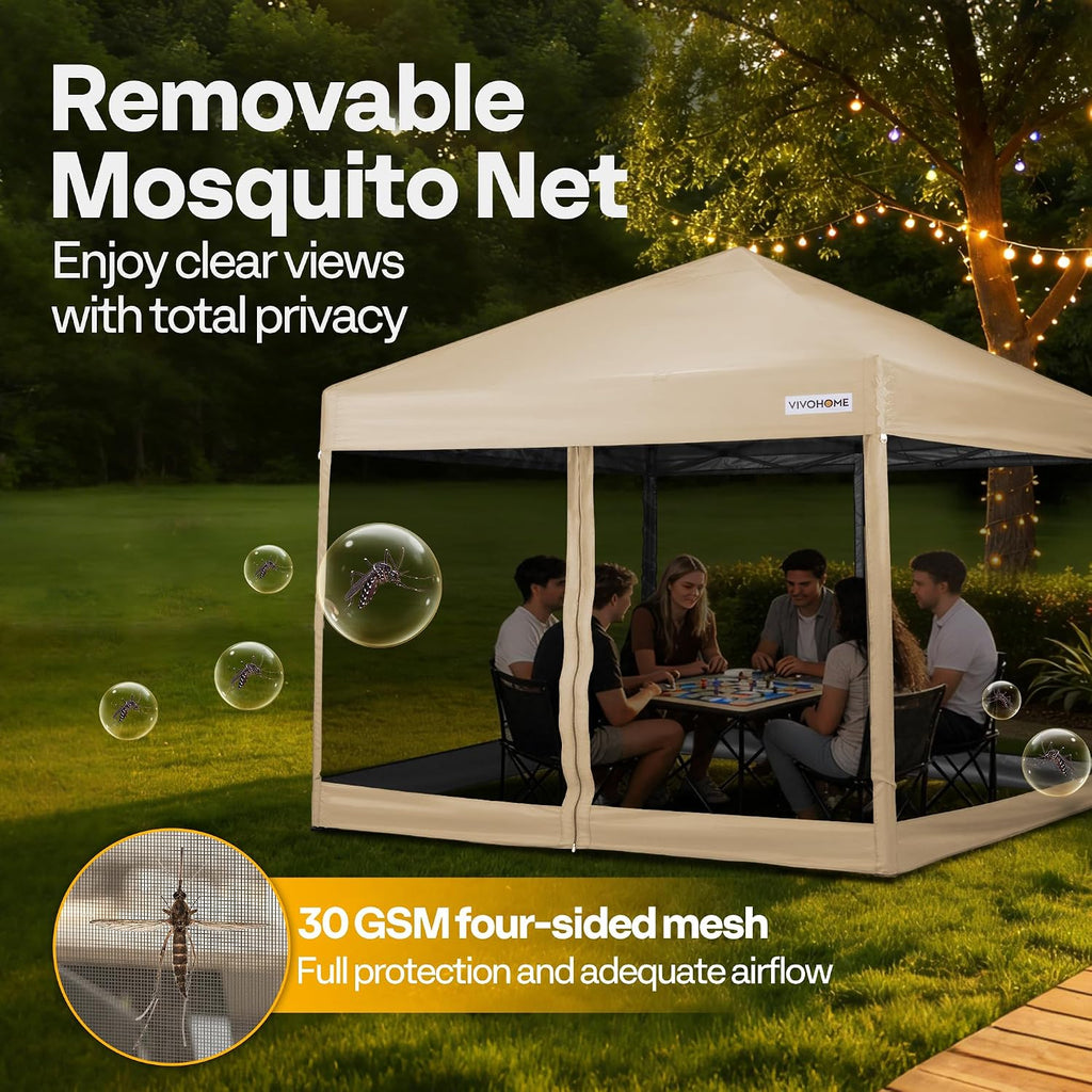 VIVOHOME 8x8ft Easy Pop-Up Canopy, Outdoor Screen Tent with Mosquito Netting, 2 Zipper Doors, and Roller Bag for Yard Camping Picnic Party Events, Beige
