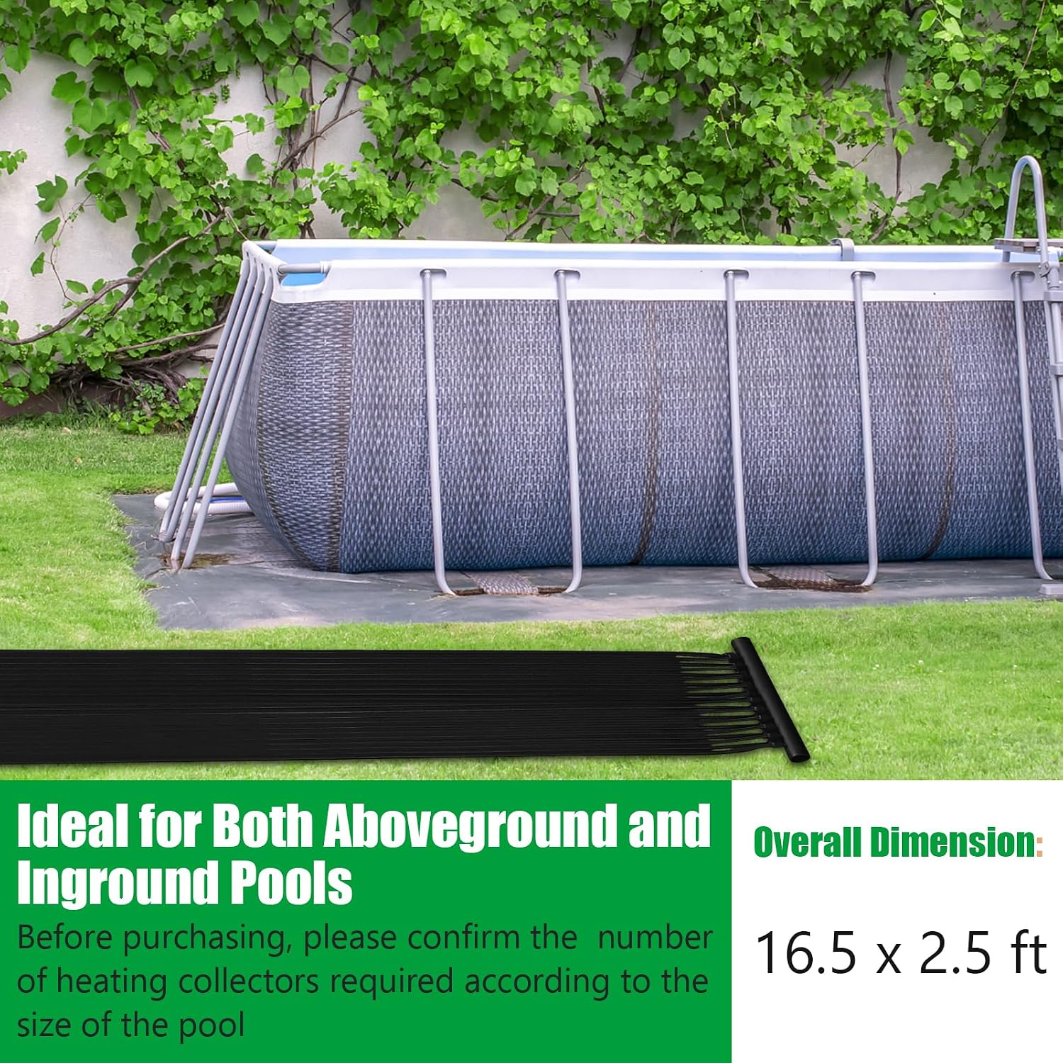 IRONMAX Solar Pool Heater, 2.5 x 16.5 Feet In-Ground/Above-Ground Swimming Pool Heating System, Weatherproof Pool Warmer, Portable Solar Panel Heater for Outdoor Roofs (16.5 FT)