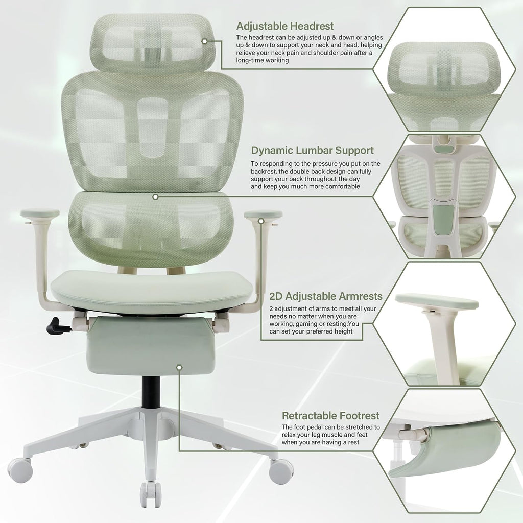 Ergonomic Mesh Office Chair with Retractable Footrest - High Back Computer Chair, Lumbar Support, Adjustable Armrest and Headrest, Durable Base - Multifunctional Home Office Desk Chair for Adults
