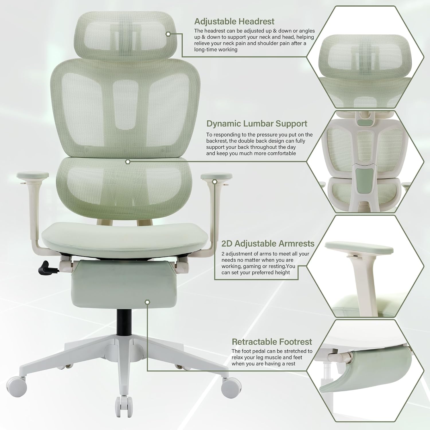 Ergonomic Mesh Office Chair with Retractable Footrest - High Back Computer Chair, Lumbar Support, Adjustable Armrest and Headrest, Durable Base - Multifunctional Home Office Desk Chair for Adults