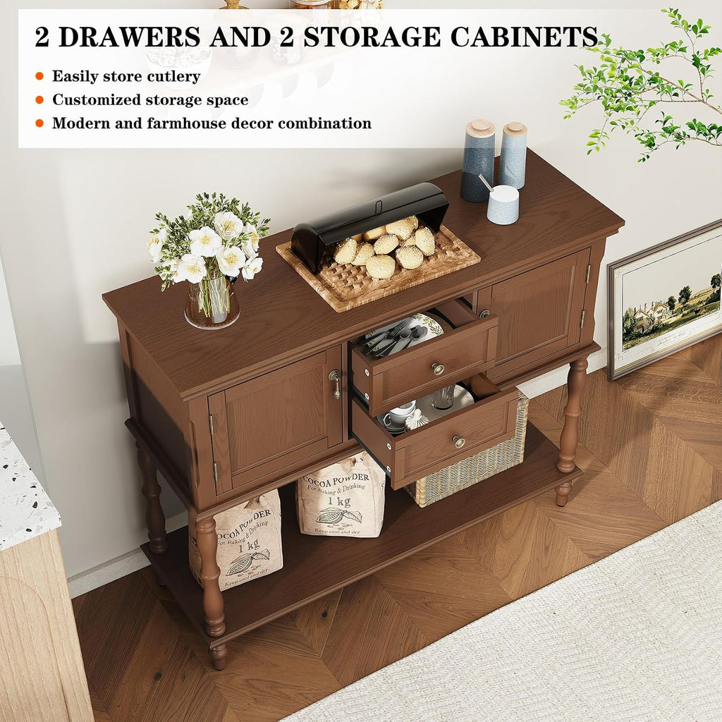 ARTPOWER Console Table for Entryway, Retro Wooden Table with Storage, 2 Doors & Drawers and Open Shelf, Behind Couch Sofa Table for Living Room, Foyer, Hallway, Brown
