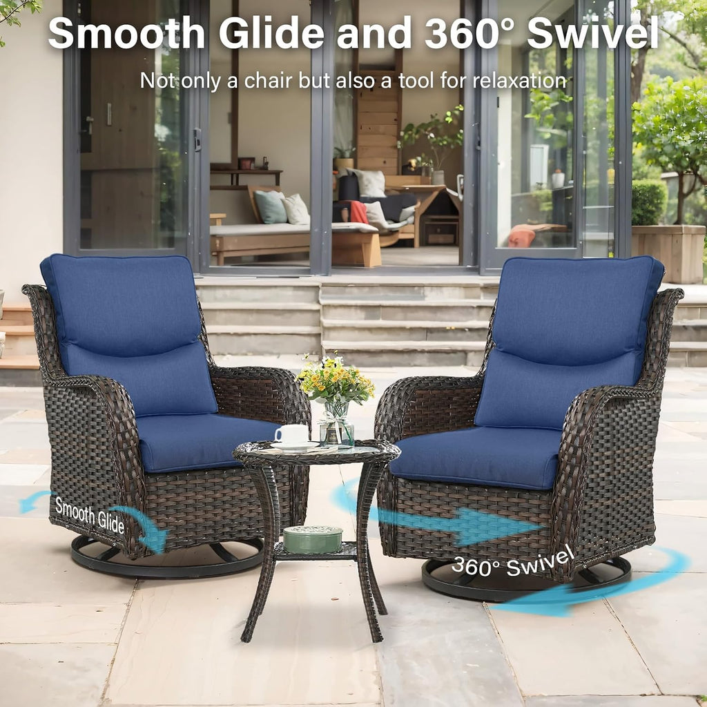 Outdoor Swivel Rocker Patio Chairs with 2 Ottomans - 5' Thick Cushion 4 Piece Furniture Set All Weather Comfortable Wicker Conversation Set for Porch Poolside and Deck - Brown-Blue