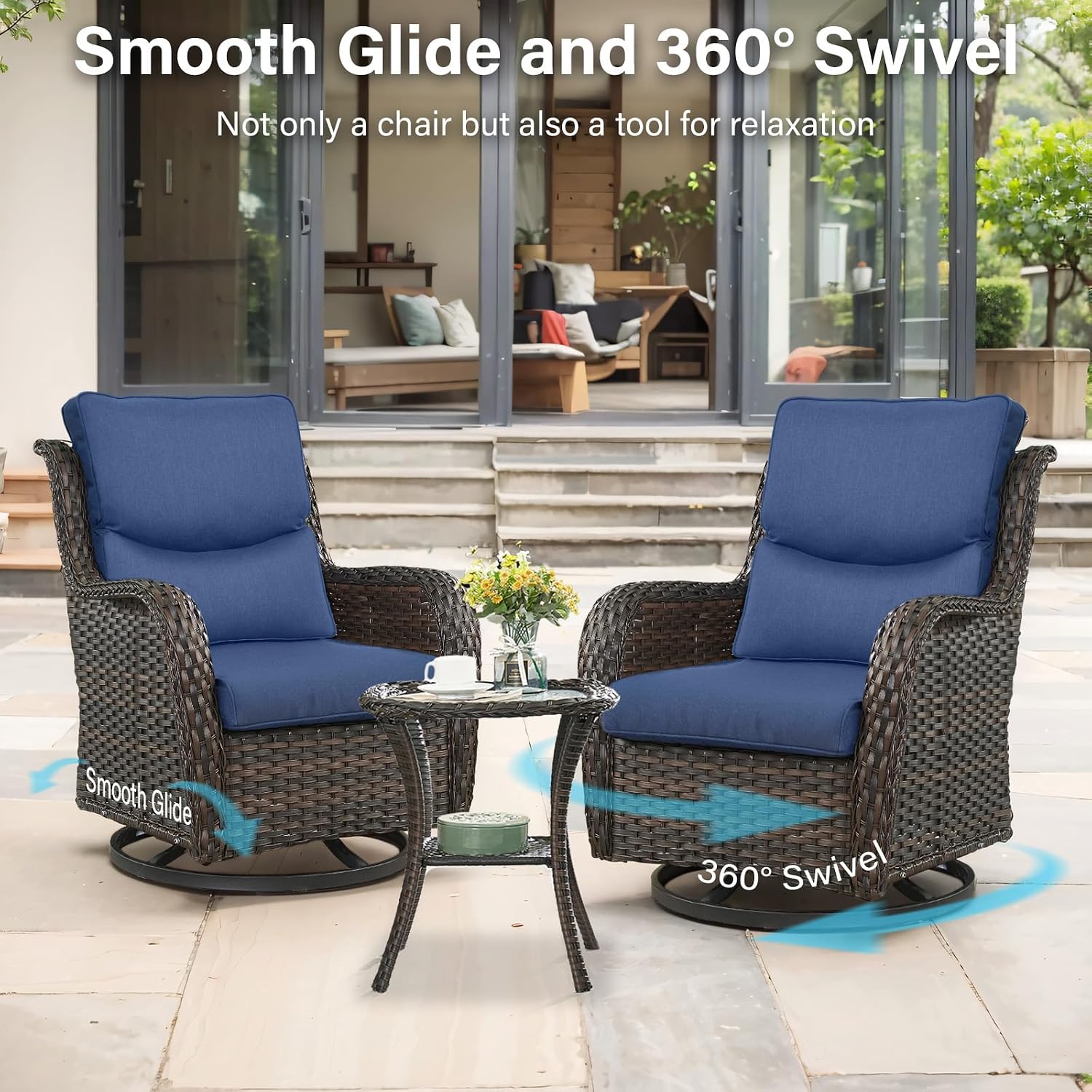 Outdoor Swivel Rocker Patio Chairs with 2 Ottomans - 5' Thick Cushion 4 Piece Furniture Set All Weather Comfortable Wicker Conversation Set for Porch Poolside and Deck - Brown-Blue