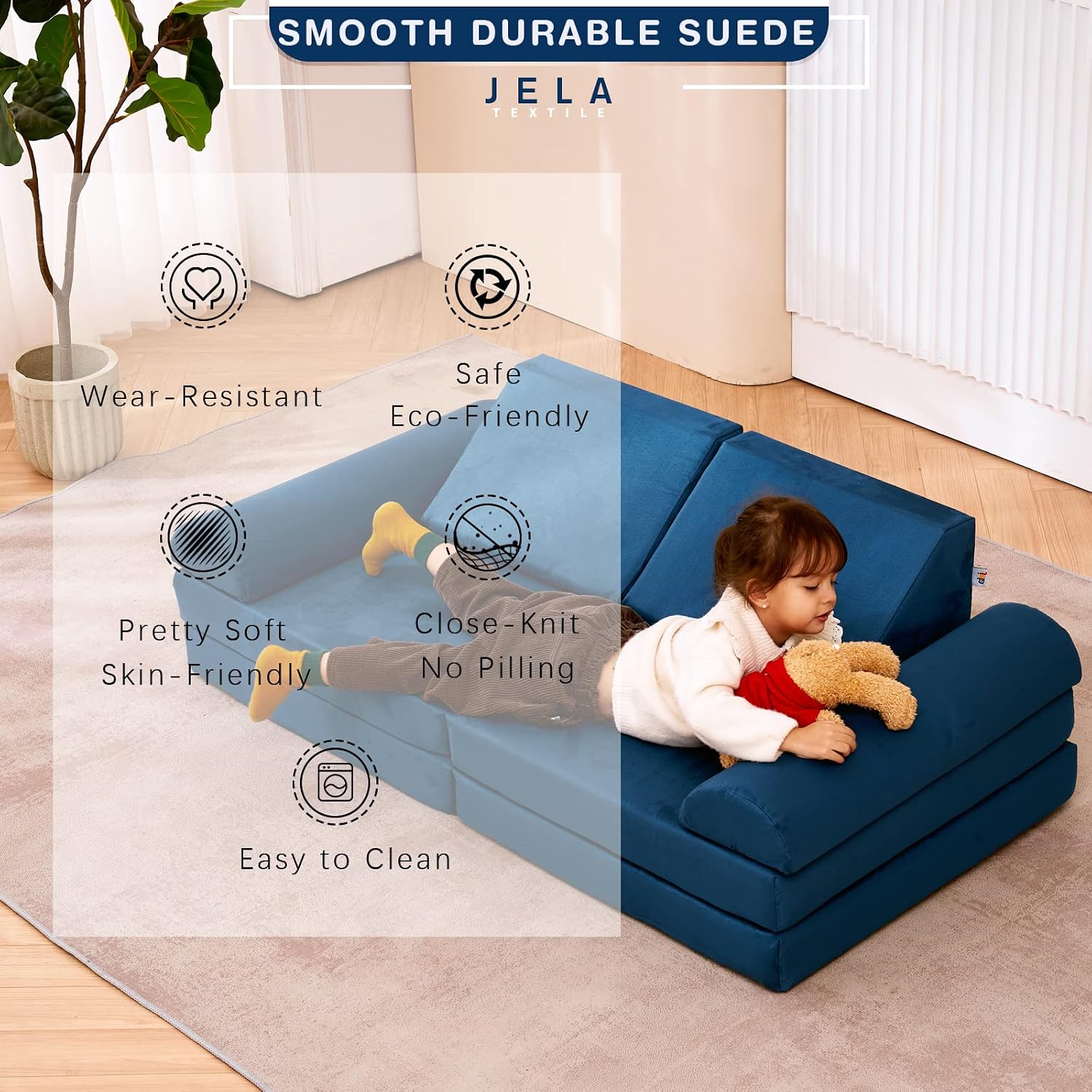 jela Kids Couch Safety Certified Play Couch Soft Kids Sofa with Machine Washable Cover Thick Foam Fort Building Set for Playroom Indoor (57'x28'x18', Navy Blue)