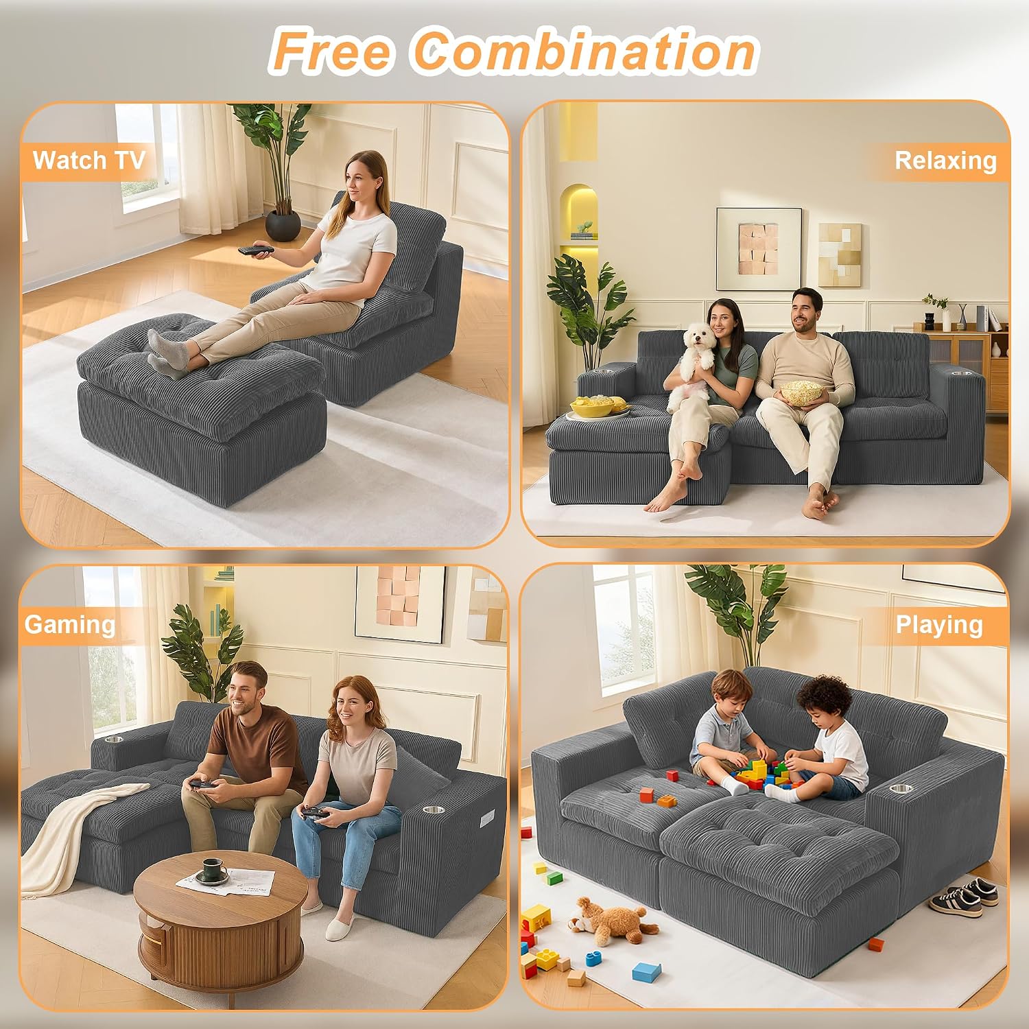 Black L Shaped Modular Cloud Sectional Sofa, Comfy 3 Seater Sectional Couches for Living Room with Cup Holders, Modern L Shape Sofa Set for Living Room Bedroom (Grey)