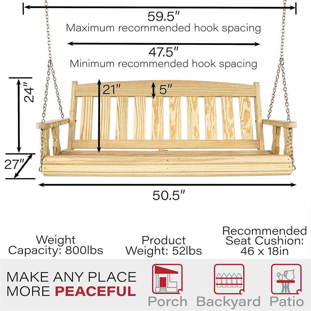 Amish Casual Heavy Duty 800 Lb Mission Treated Porch Swing with Hanging Chains (4 Foot, Unfinished)