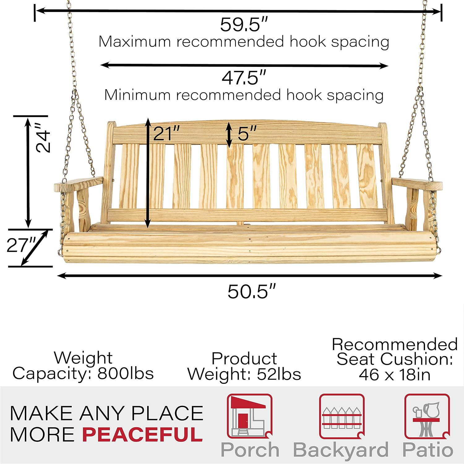 Amish Casual Heavy Duty 800 Lb Mission Treated Porch Swing with Hanging Chains (4 Foot, Unfinished)