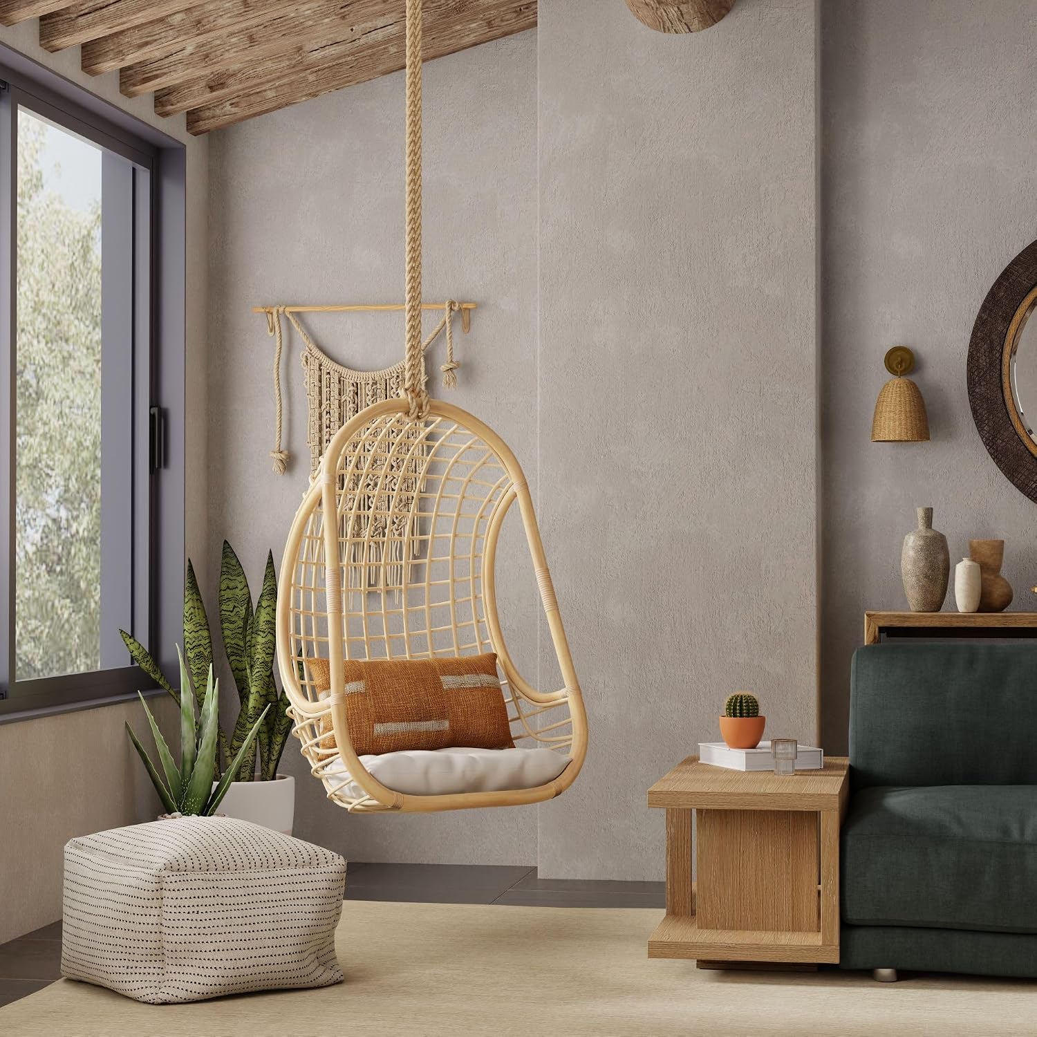 KOUBOO Grid Rattan Hanging Chair, Indoor Hanging Egg Chairs, Swings, Hammock Chairs with Stands for Patio, Bedroom, Adjustable Height Resistant, Natural