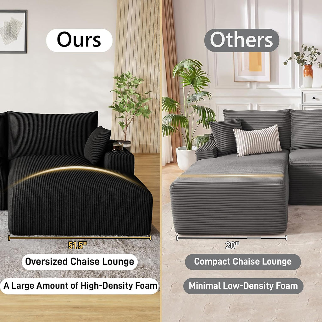 Oversized L Shaped Boneless Couch with Wide Right-Facing Chaise, 113' Fluffy Cloud Sectional Couches for Living Room, Plush Corduroy Memory Foam Modular Sectional Sofa with Cup Holder, Black