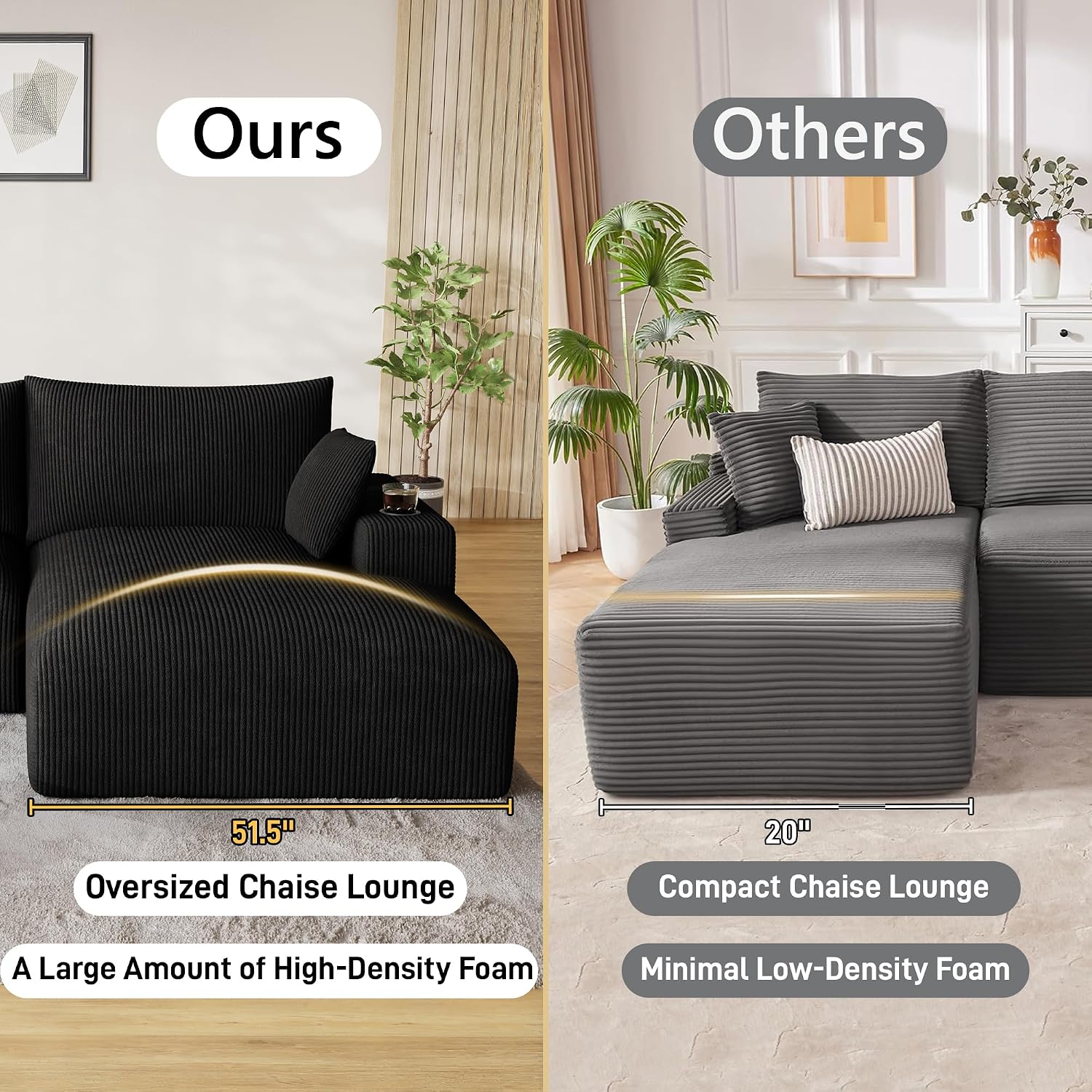Oversized L Shaped Boneless Couch with Wide Right-Facing Chaise, 113' Fluffy Cloud Sectional Couches for Living Room, Plush Corduroy Memory Foam Modular Sectional Sofa with Cup Holder, Black