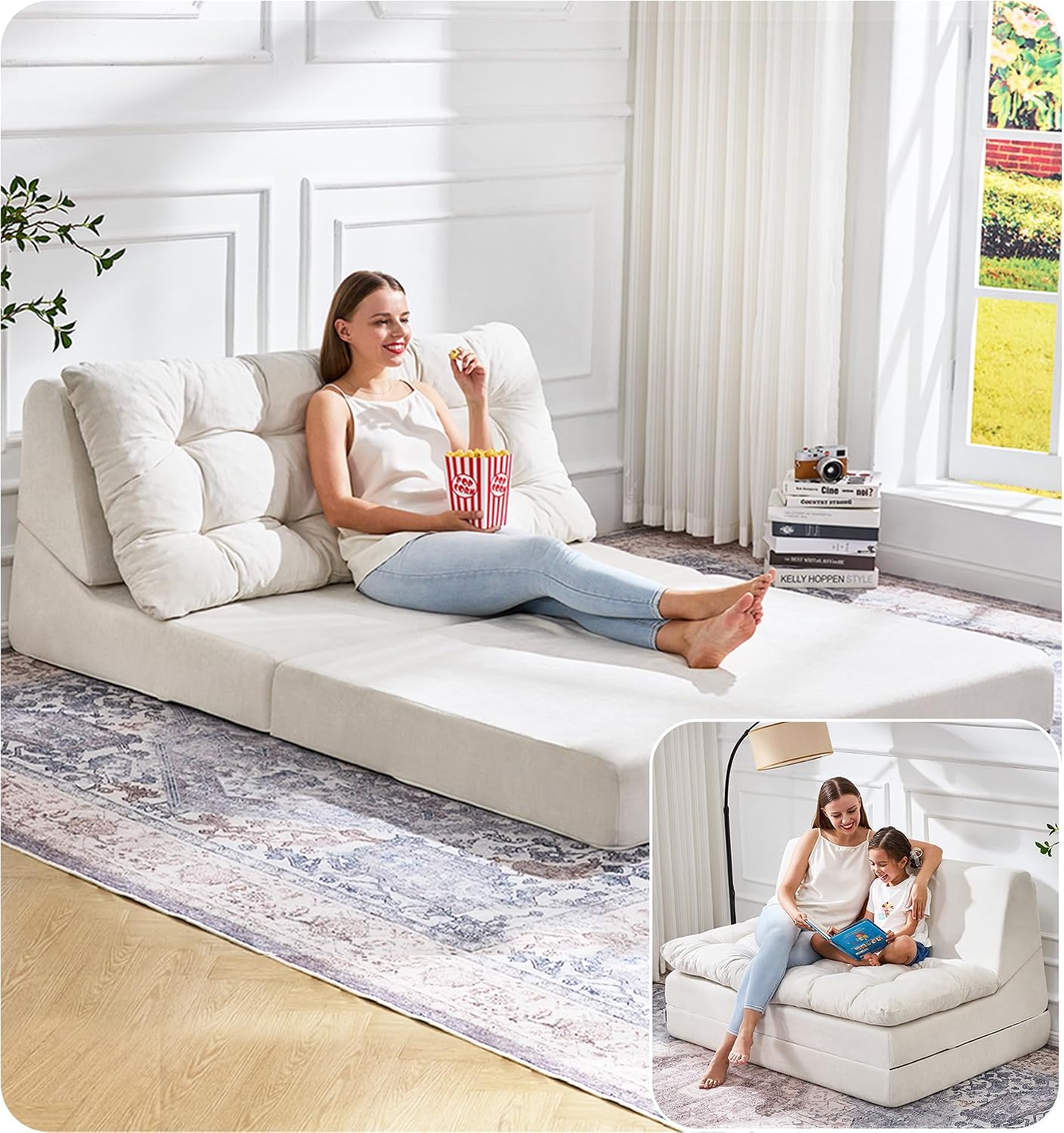 Hobestluk Sofa Couch Folding Sofa Bed Sleeper Comfy Floor Lounger Loveseat Sofa with Removable Cushion Couches Foldable Mattress for Living Room Bedroom or Office (Chenille Beige, Oversize)
