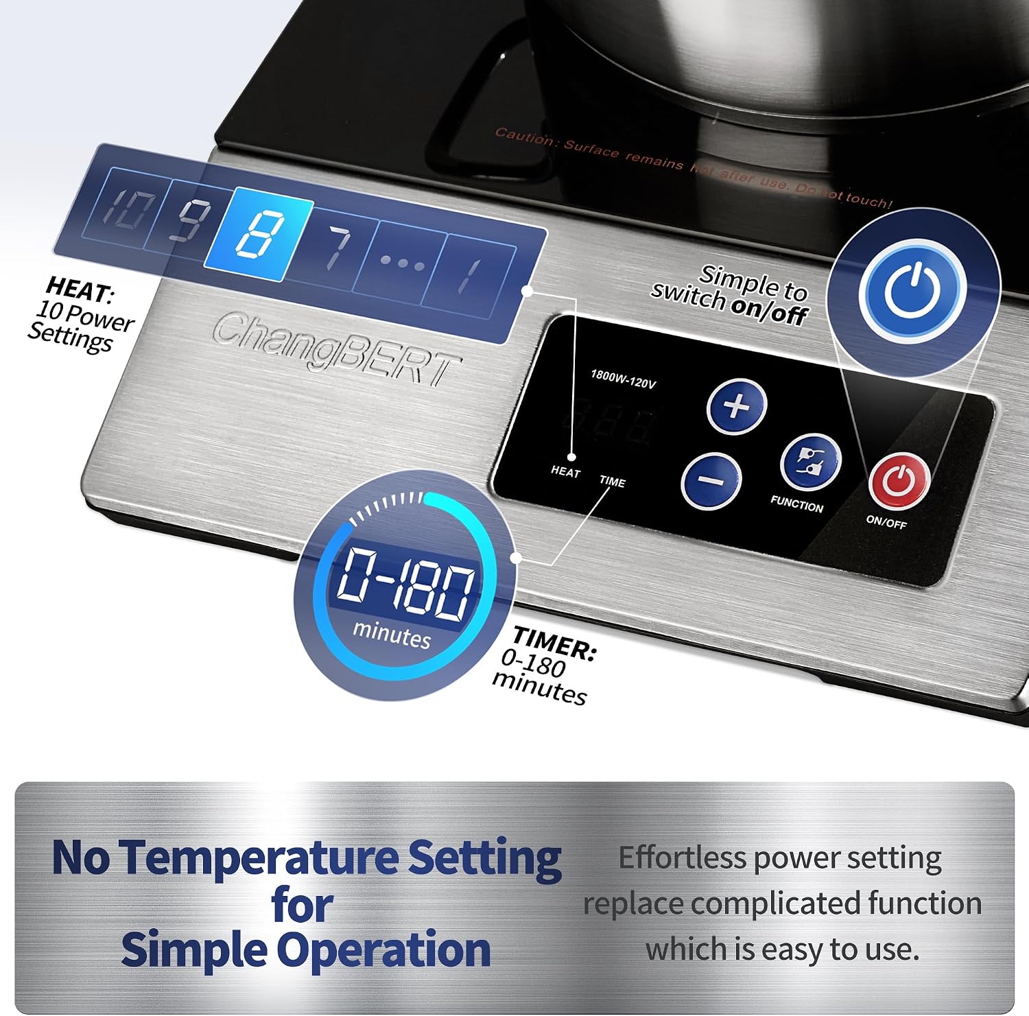ChangBERT Portable Induction Cooktop 1800W NSF Certified Commercial Range Powerful Countertop Burner & 1800W Commercial Grade Induction Cooktop, NSF Certified Portable Large 8' Heating Coil
