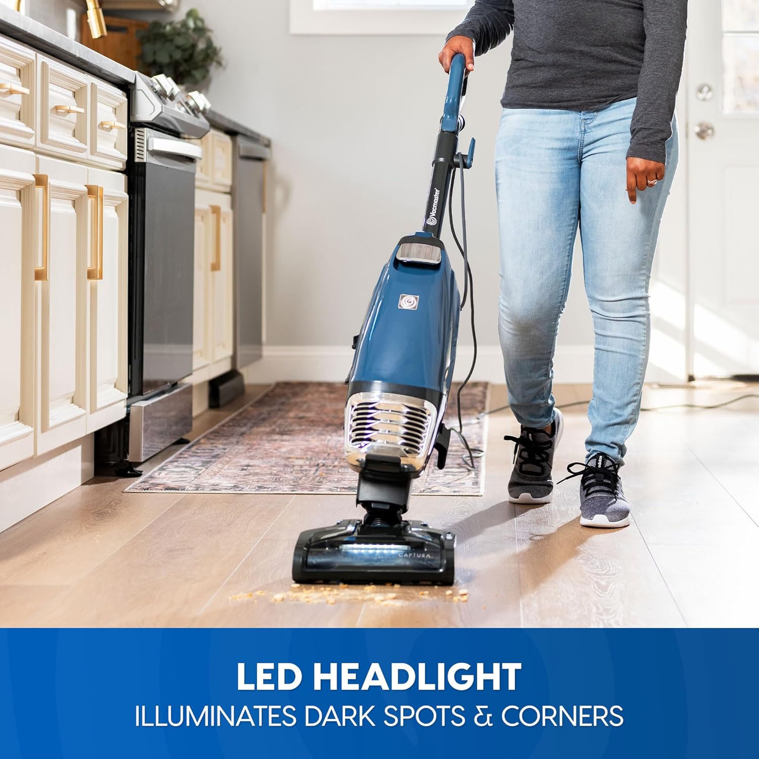 Vacmaster UB0302E Bagged Upright Vacuum Lightweight Cleaner 2-Motor Power Suction with HEPA Filtration, LED Headlight for Pet Hair, Carpet and Hardwood Floor, Blue