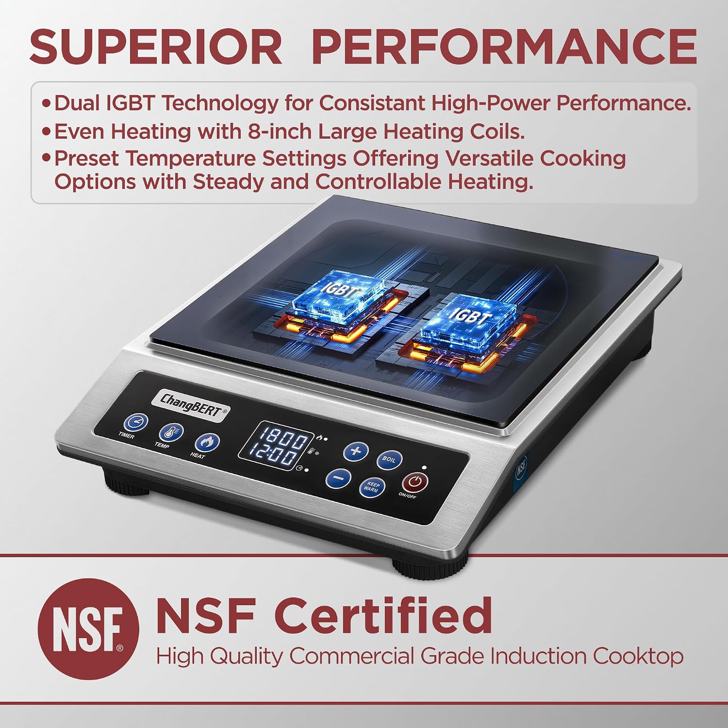 ChangBERT Portable Induction Cooktop 18 Temp Settings Countertop Burner & Induction Cooktop 208-240V 3200W NSF Certified Commercial Range Countertop Burner