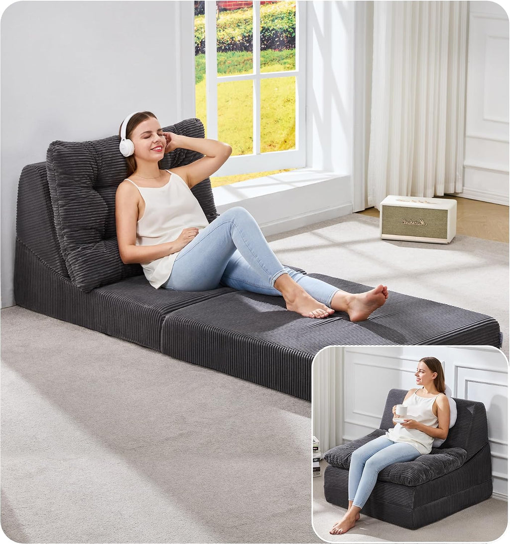 Hobestluk Sofa Couch Folding Sofa Bed Comfy Floor Lounger Convertible Sofa with Removable Cushion Couches for Small Spaces Foldable Mattress for Living Room Bedroom or Office (Cordury Grey, Large)