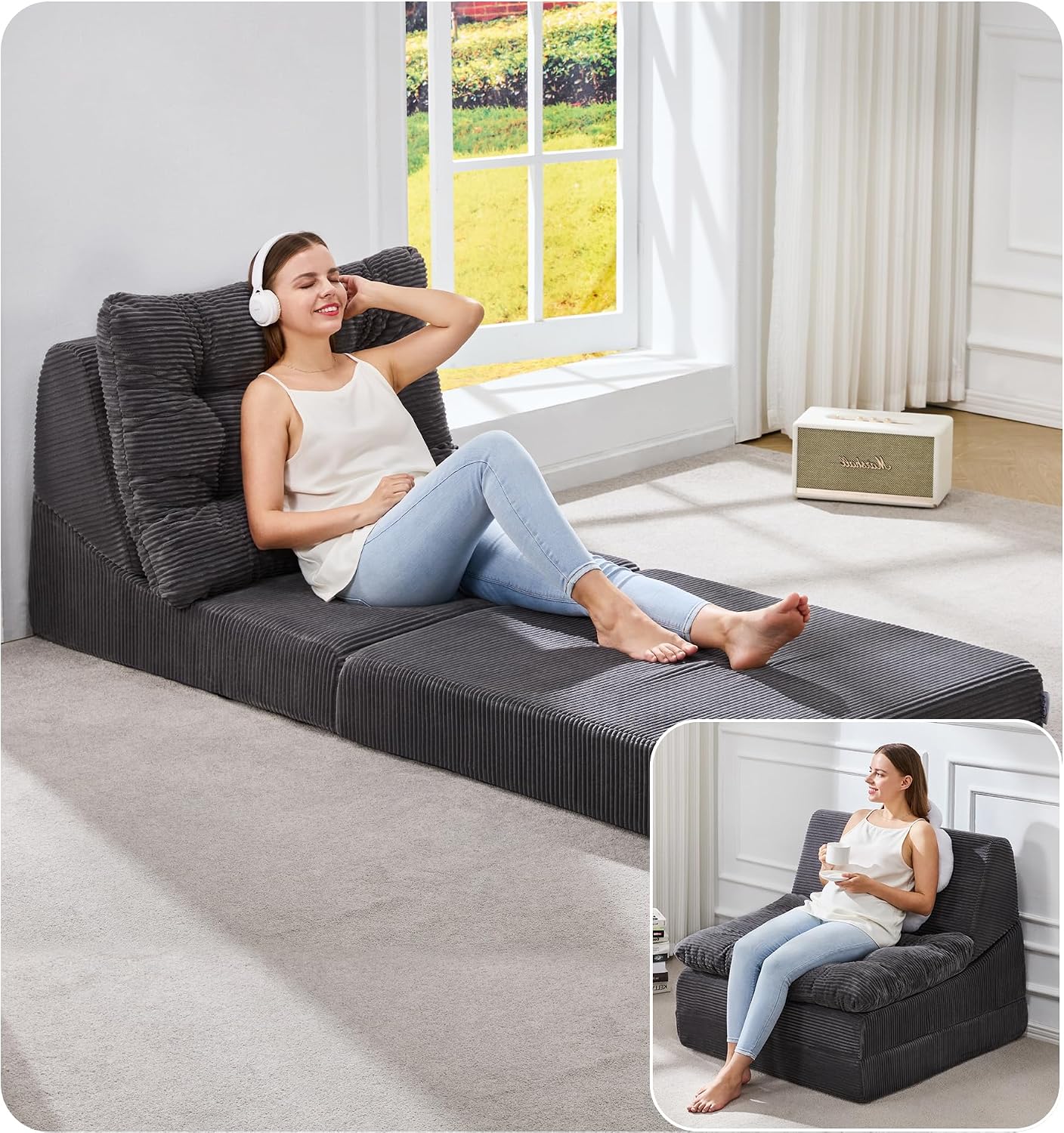 Hobestluk Sofa Couch Folding Sofa Bed Comfy Floor Lounger Convertible Sofa with Removable Cushion Couches for Small Spaces Foldable Mattress for Living Room Bedroom or Office (Cordury Grey, Large)