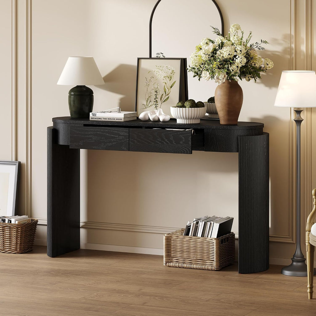 LKTART 55' Sofa Table with Oval Top and 2 Drawers, Entryway Console Table with Fluted Design for Hallway,Foyer,Entry and Living Room (Easy Assembled-Black)