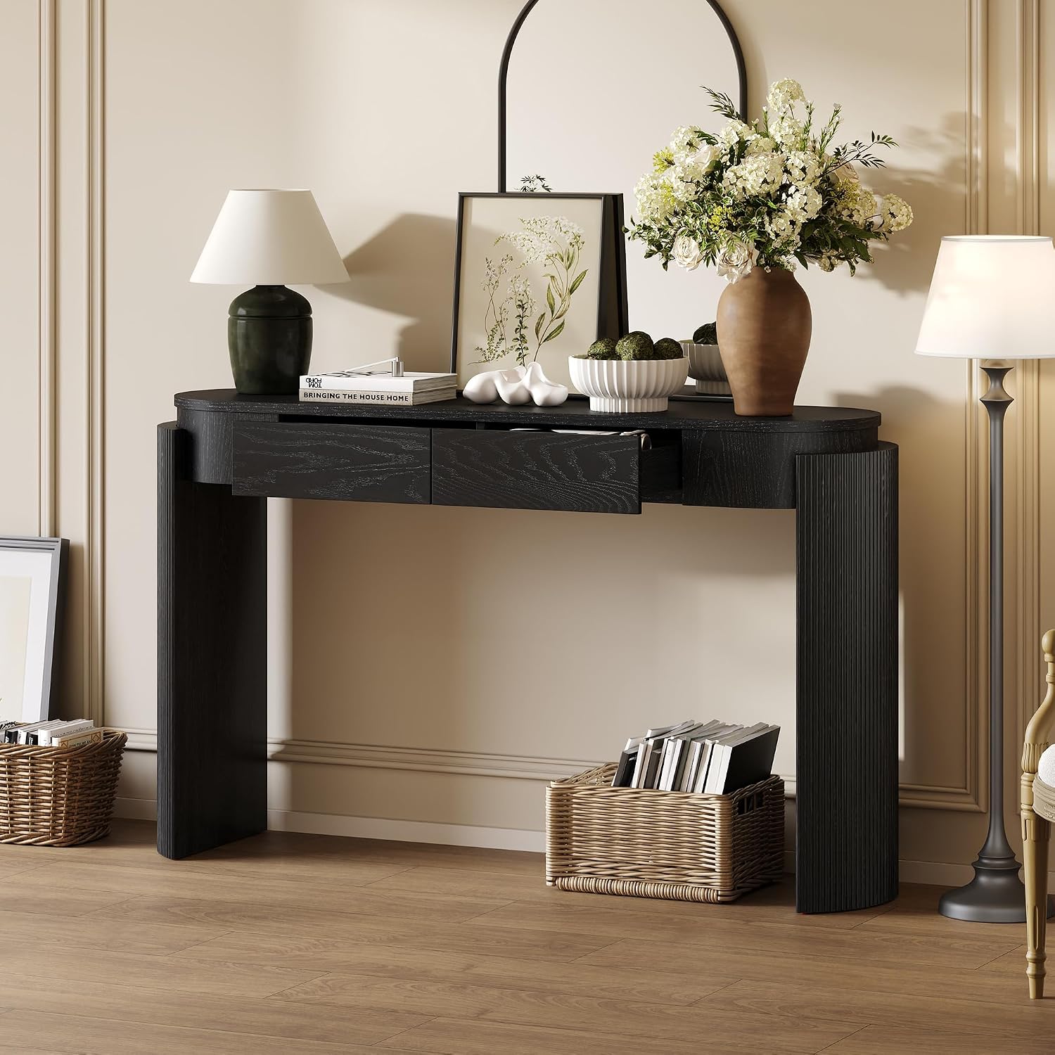 LKTART 55' Sofa Table with Oval Top and 2 Drawers, Entryway Console Table with Fluted Design for Hallway,Foyer,Entry and Living Room (Easy Assembled-Black)