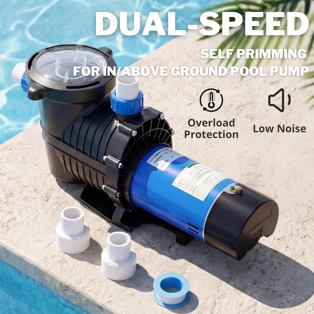 FOTING In/Above Ground Pool Pump, Self Primming Pool Pump High Flow 1.5' & 2' NPT Inlet Connectors, Dark Blue