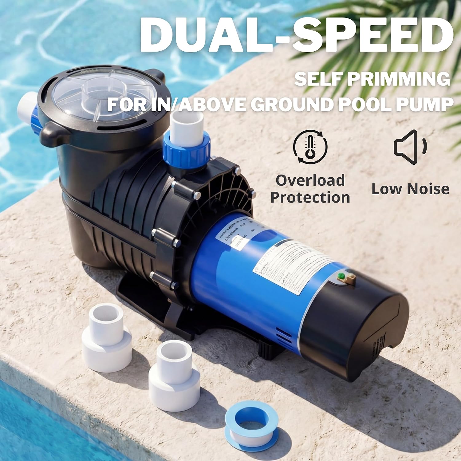 FOTING In/Above Ground Pool Pump, Self Primming Pool Pump High Flow 1.5' & 2' NPT Inlet Connectors, Dark Blue