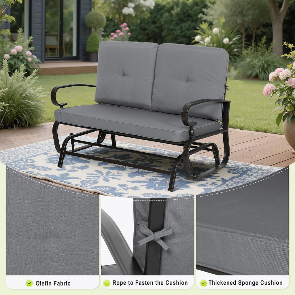 SUNCROWN Outdoor Swing Glider Chair, Patio 2 Seats Loveseat Rocking Chair with Cushions, Steel Frame Furniture Garden Seating with Cushion - Grey