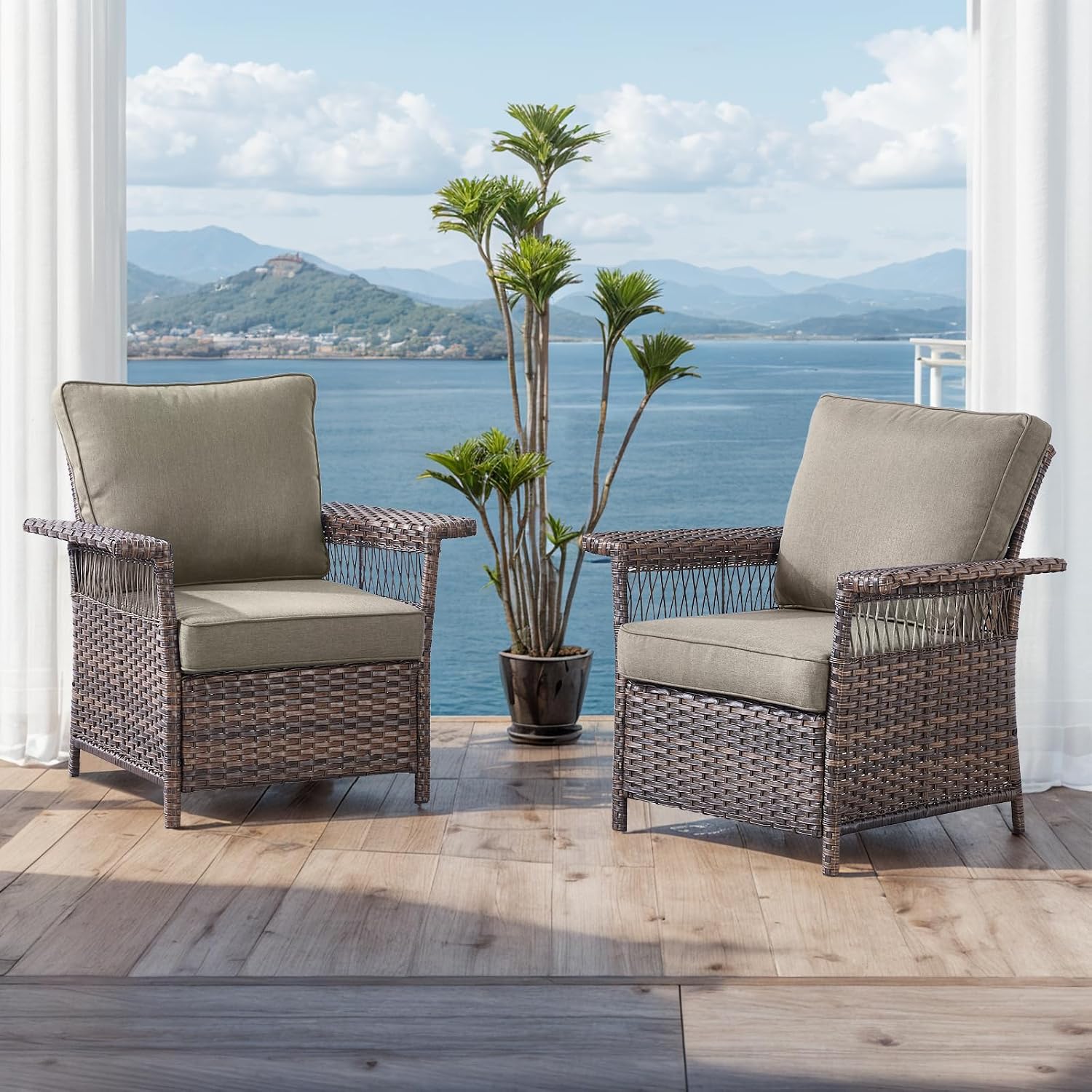 Outdoor Patio Chairs Wicker Chair - 2 Piece Rattan Patio Furniture Chairs Set with Sturdy Frame,All-Weather PE Wicker and Comfortable Cushions for Outside Porch Deck Balcony(Brown/Grey)