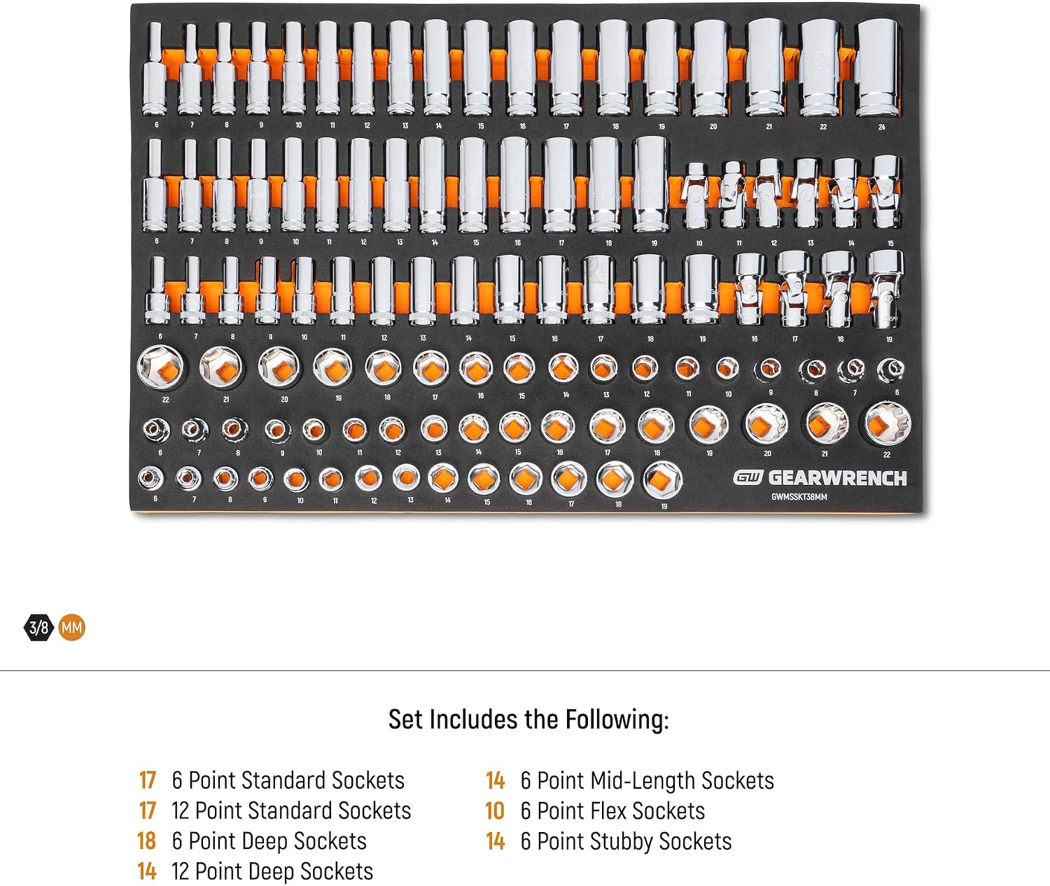 GEARWRENCH 104 Piece 3/8' Drive Master Metric Socket Set in Foam Storage Tray - GWMSSKT38MM