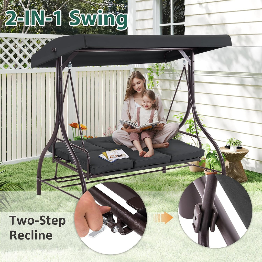 MCombo 3-Seat Outdoor Patio Swing Chair, 2-in-1 Convertible Porch Swing Glider Chair with Removable Cushions, Adjustable Canopy & Pillows for Backyard, Deck, Garden, 4068 (Black)