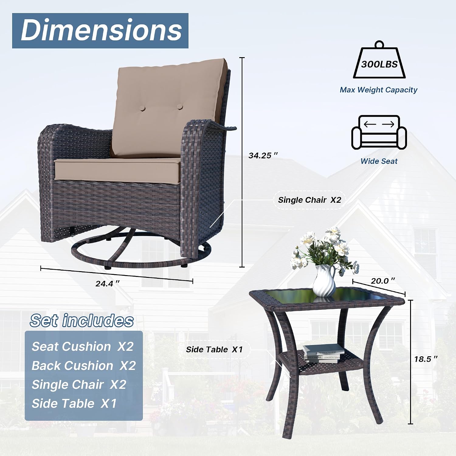 Kurapika 3 Pieces Patio Furniture Set Outdoor Swivel Gliders Rocker, Wicker Patio Bistro Set, Rattan Rocking Chair with Tempered Glass Side Table and Thickened Cushions (Sand)