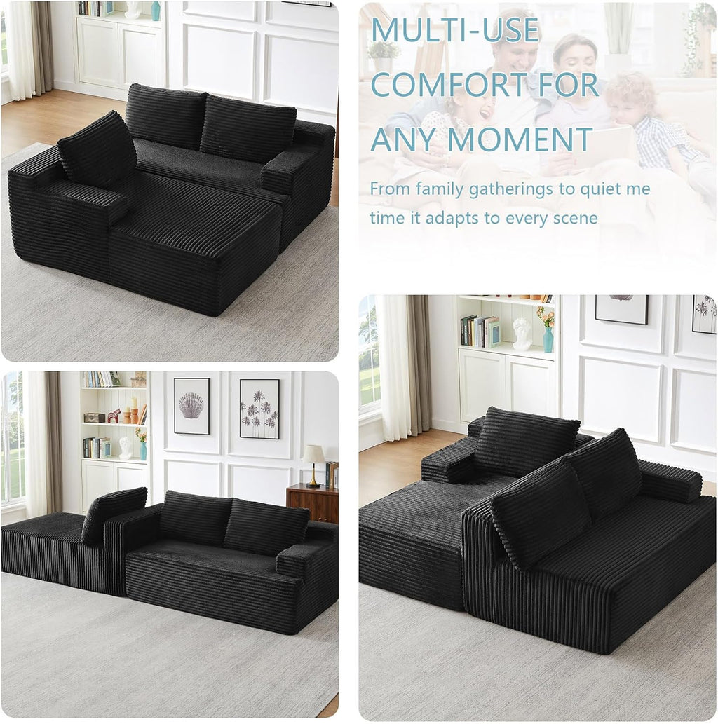 96' Cloud Sectional Couch with L-Shape Chaise, Modern Corduroy Boneless Couch for Living Room,Memory Foam Sofa with Deep Seat,No Assembly Required (Black,Left-Facing Chaise)