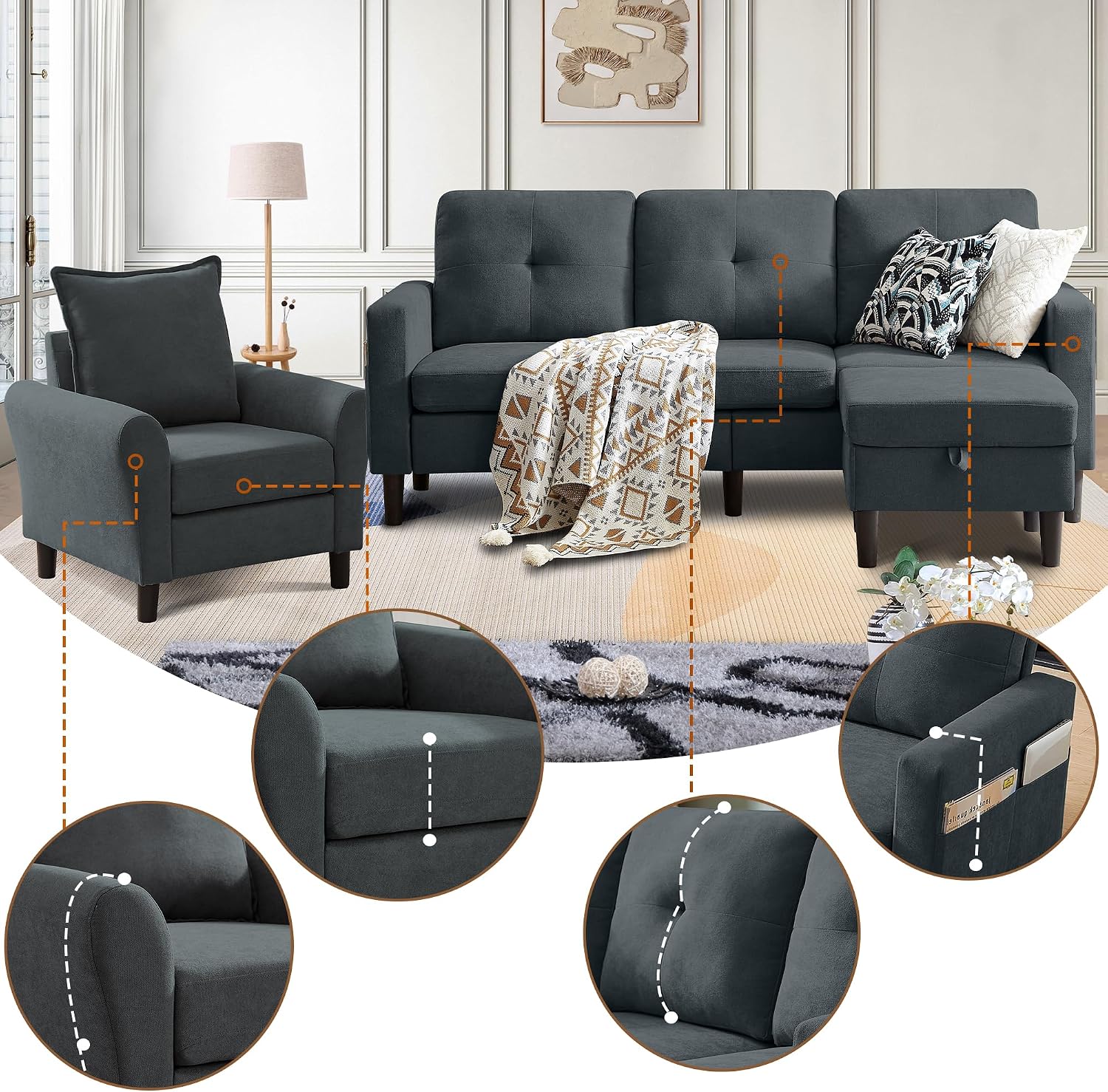 3 Piece Living Room Sofa Sets, Modern 3 Seater Sofa with Storage Ottoman and 2 PSC Armchair Couch Sets, Easy Assembly, Modern 5 Seat Sectional Couches for Living Room, Office,Dark Grey