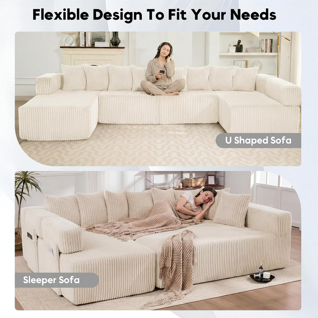 Oversized Cloud Boneless Couch with Chaise, 146' Modern U Shape Modular Deep Seat Sectional Sofa, Comfy Corduroy Upholstered Couches for Living Room, No Assembly Required-Beige