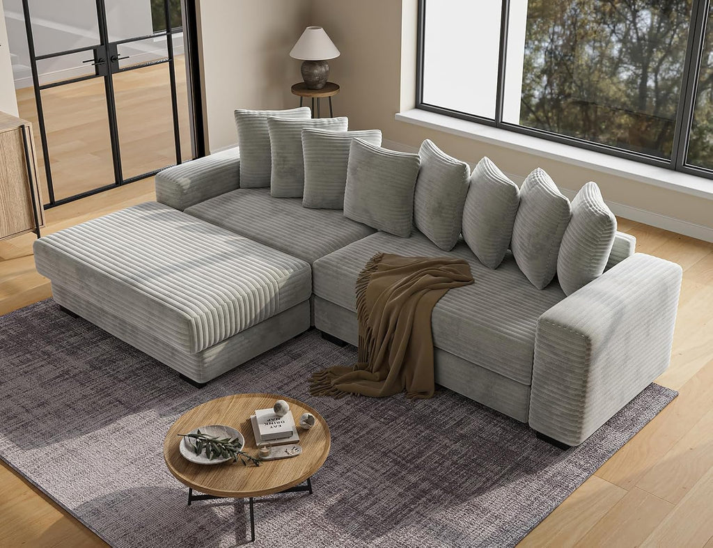 ohllob 110' Modular Sectional Sofa, L Shaped Couch with Chaise Lounge, Fluffy Corduroy Cloud Couch with Deep Seat for Living Room (Light Grey)