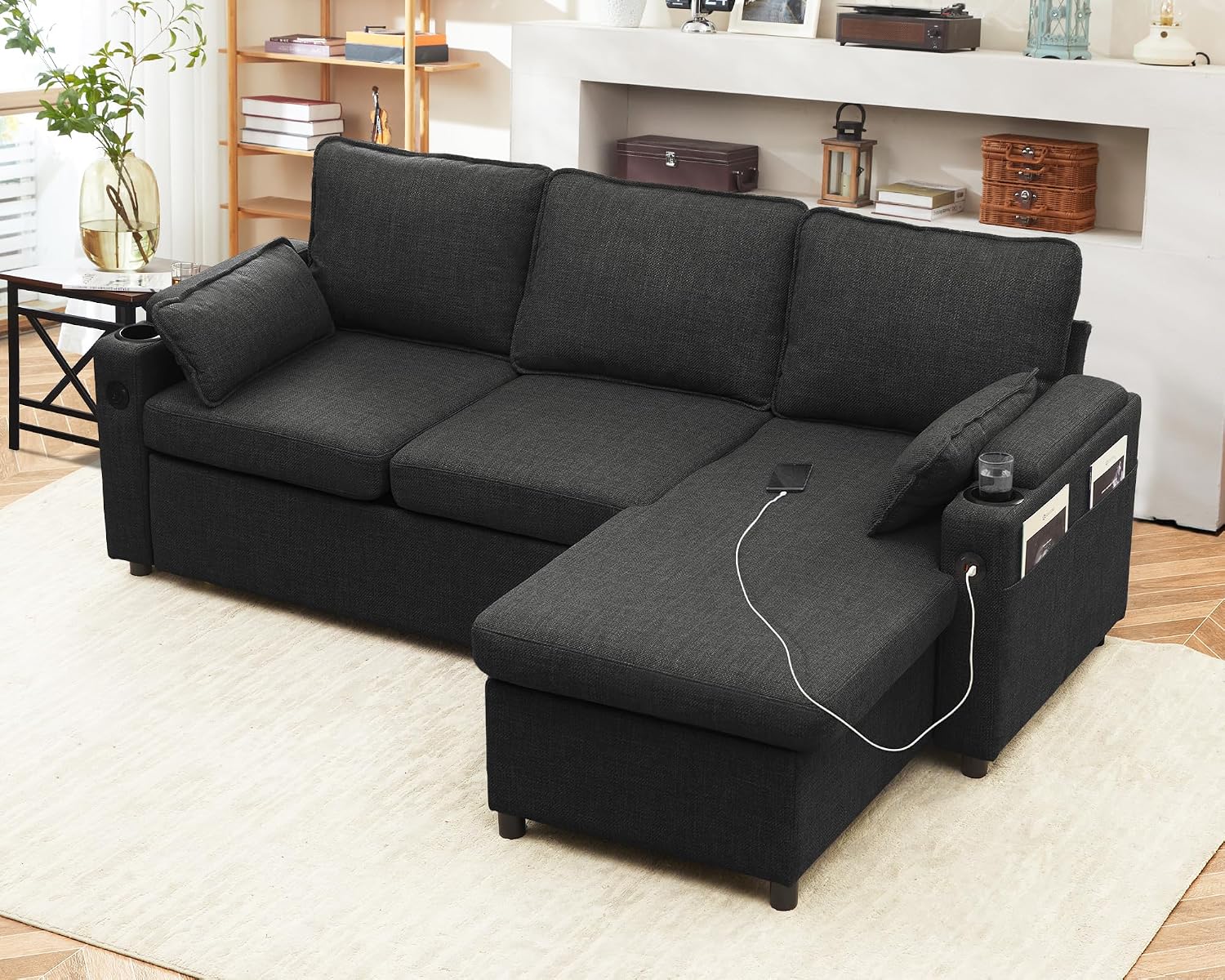 DURASPACE Sofa Bed Sleeper Pull Out 2 in 1 Sectional Sleeper Sofa Couches with Storage,USB, Cup Holder,Pullout Sectional Couches for Apartment Living Room (Dark Gray)