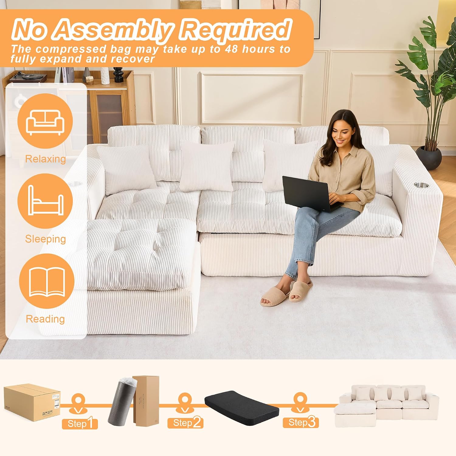 Black L Shaped Modular Cloud Sectional Sofa, Comfy 3 Seater Sectional Couches for Living Room with Cup Holders, Modern L Shape Sofa Set for Living Room Bedroom (Beige)