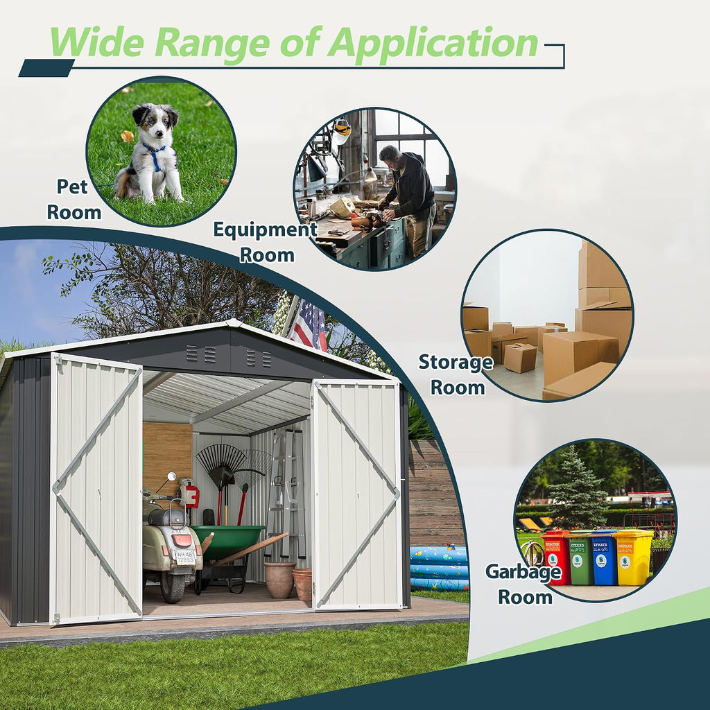 10x10 FT Shed Outdoor Storage Shed Metal Garden Shed with Lockable Doors & Slooping Roof Tool Shed Bike Shed for Backyard, Patio, Poolside (Black)