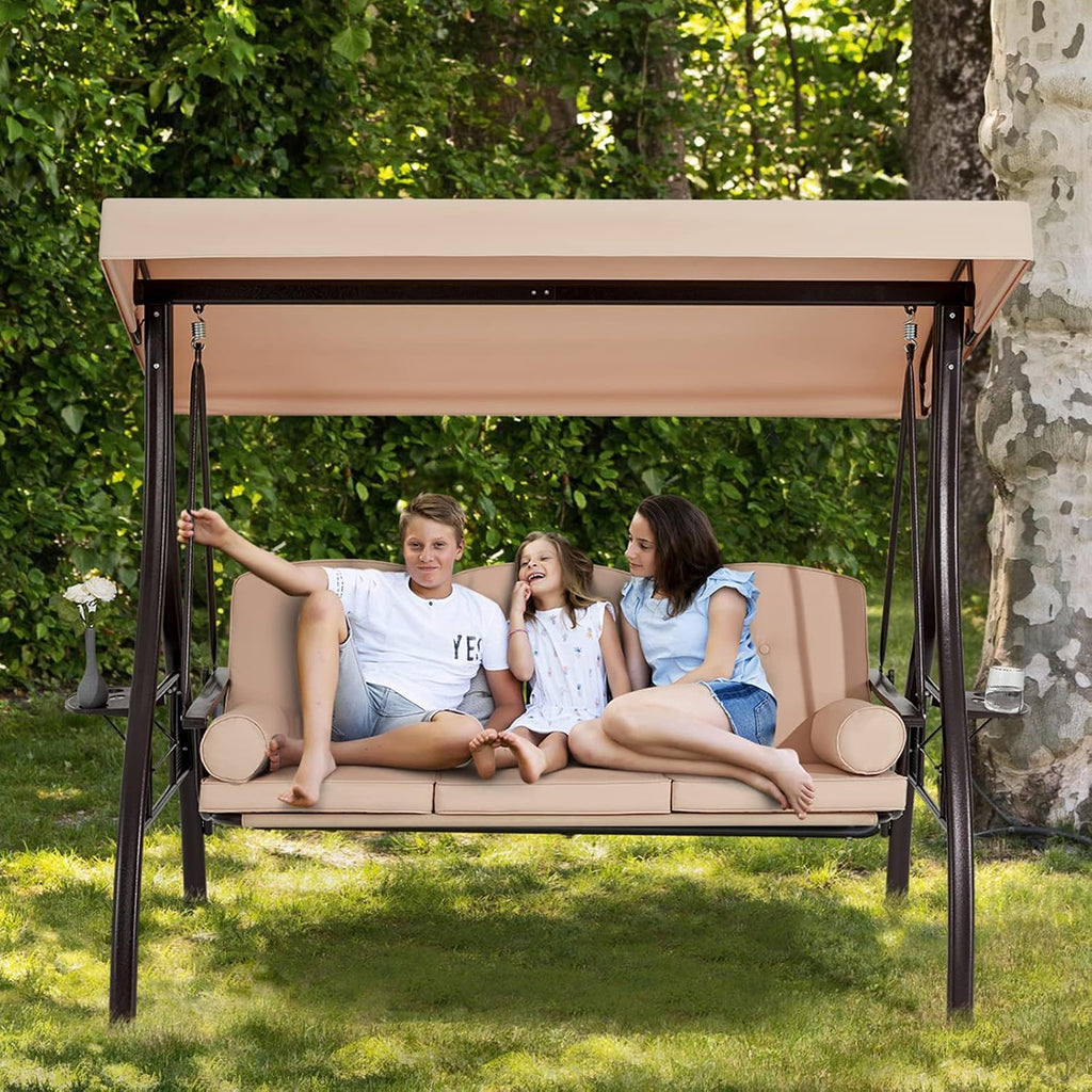 HOMREST 3 Person Outdoor Porch Swing with 1.5' Upgraded Cup Holder, Adjustable Canopy, Backrest, Patio Swing Bed with Weather Resistant Steel Frame, Cushions for Garden,Deck and Poolside(Khaki)