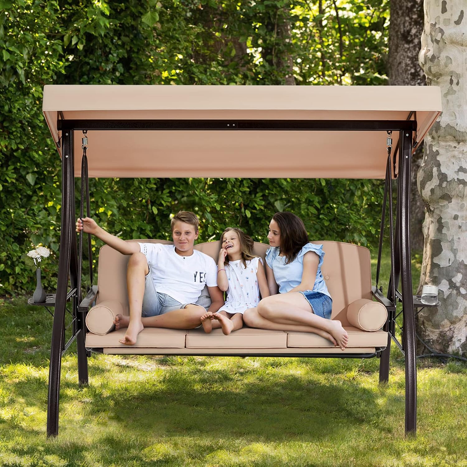 HOMREST 3 Person Outdoor Porch Swing with 1.5' Upgraded Cup Holder, Adjustable Canopy, Backrest, Patio Swing Bed with Weather Resistant Steel Frame, Cushions for Garden,Deck and Poolside(Khaki)