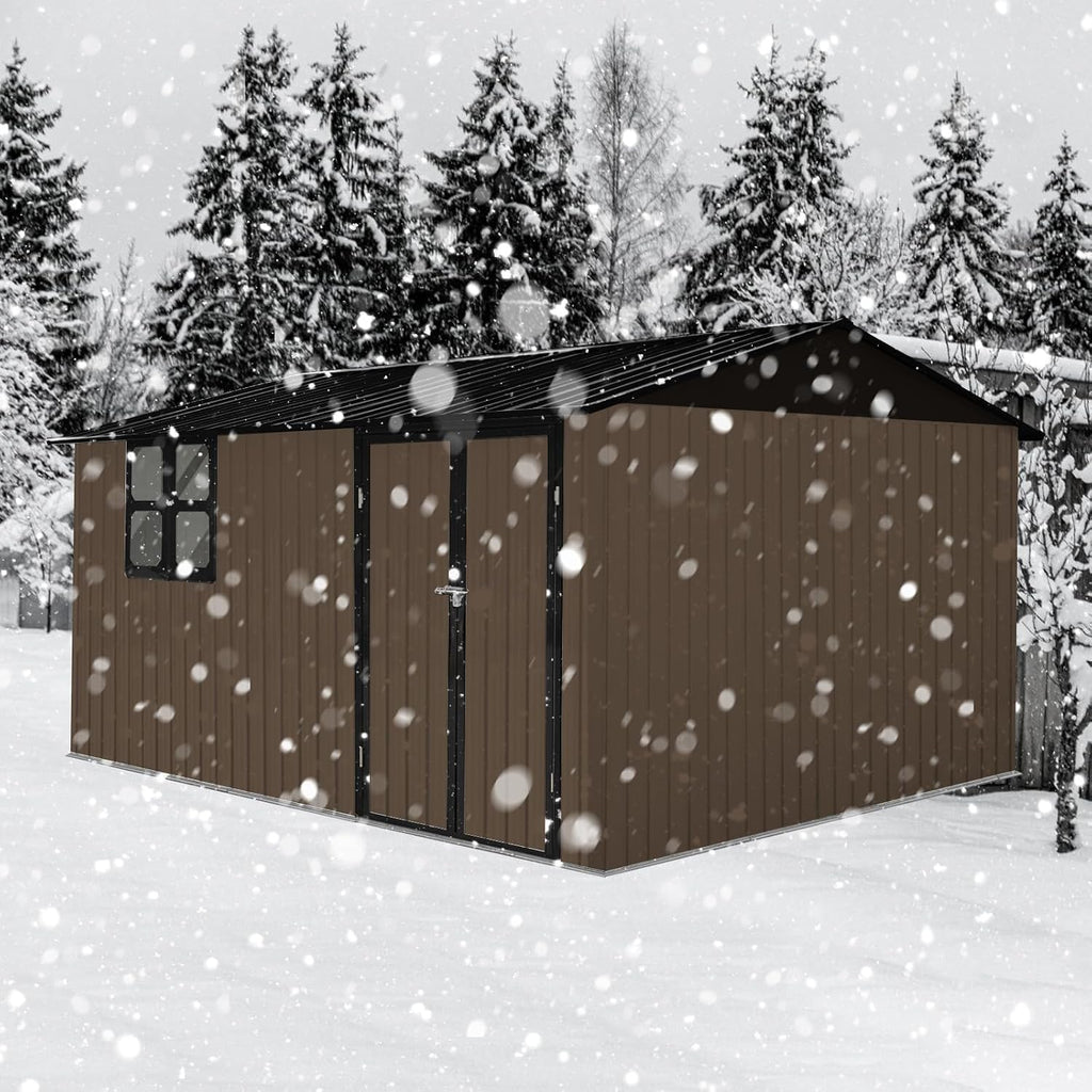 10x12 FT Outdoor Storage Shed, Large Metal Garden Shed with 4-pane Window, Outside Tool Shed with Lockable Hinged Door & 4 Air Vents, Waterproof Storage Building for Backyard, Patio, Lawn, Brown+Black