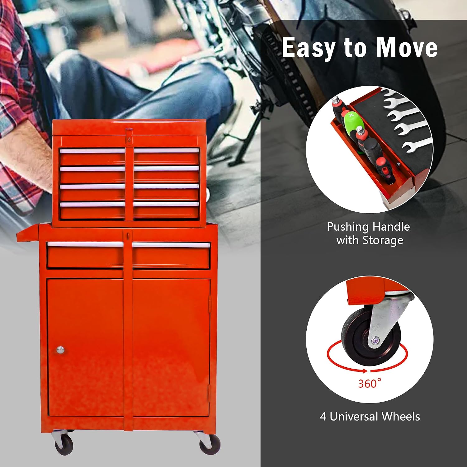 5-Drawer Tool Chest, Rolling Tool Box with Detachable Top Toolbox & Universal Wheels, Tool Cabinet with Lock Bar, Protective Liner & Tool Rack, Metal Storage Cart for Garage,Workshop (Orange)