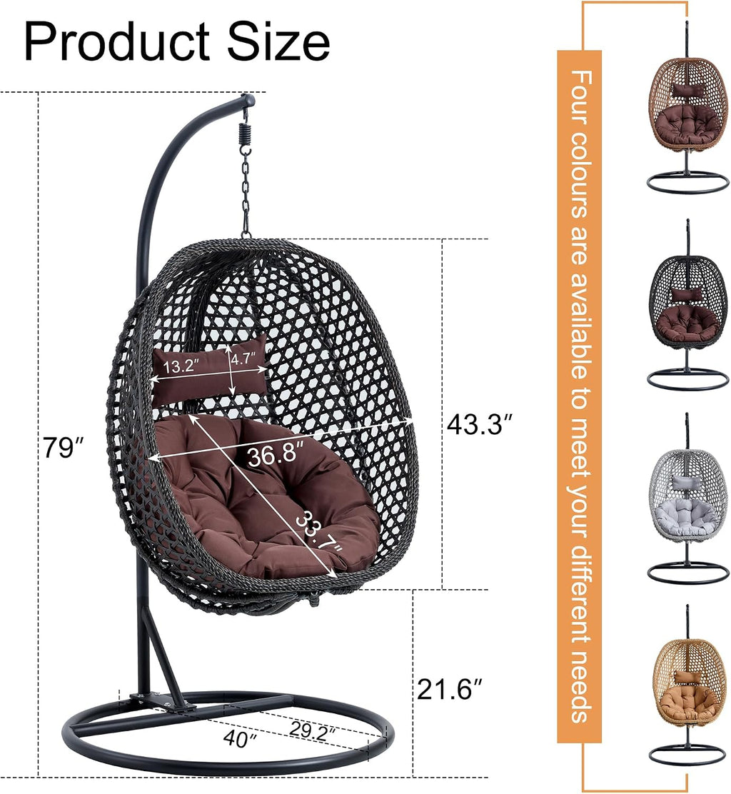 Egg Chair Indoor Outdoor, Hanging Chair for Bedroom, Swing Chair Hammock with Stand & Cushions, Comfy Swinging Chair Adult Reading Chair for Patio Balcony Backyard, Heavy Duty 350LBS, Black