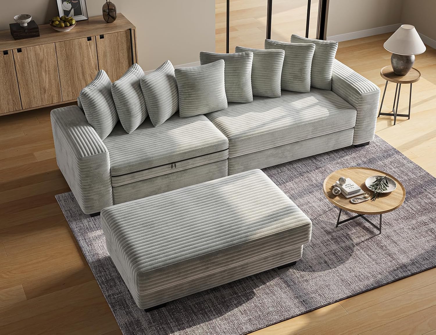 ohllob 110' Modular Sectional Sofa, L Shaped Couch with Chaise Lounge, Fluffy Corduroy Cloud Couch with Deep Seat for Living Room (Light Grey)